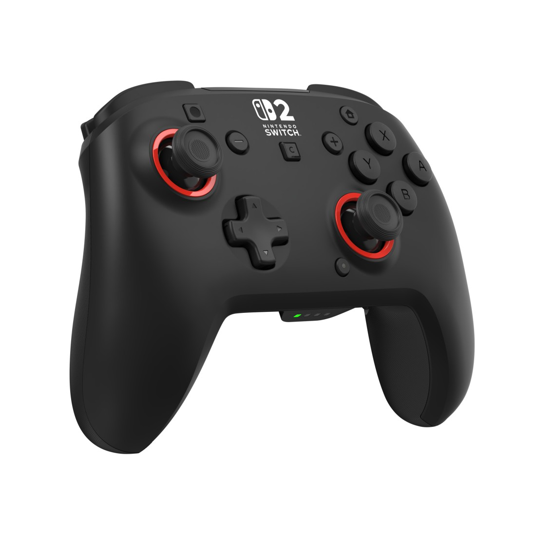 Schwarzer Nintendo Switch Controller mit roten Akzenten und Joysticks.