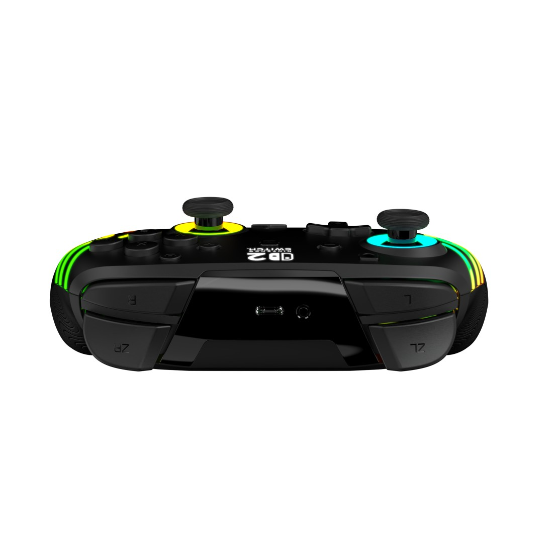 Schwarzer Controller mit zwei Joysticks und bunten Lichtern.