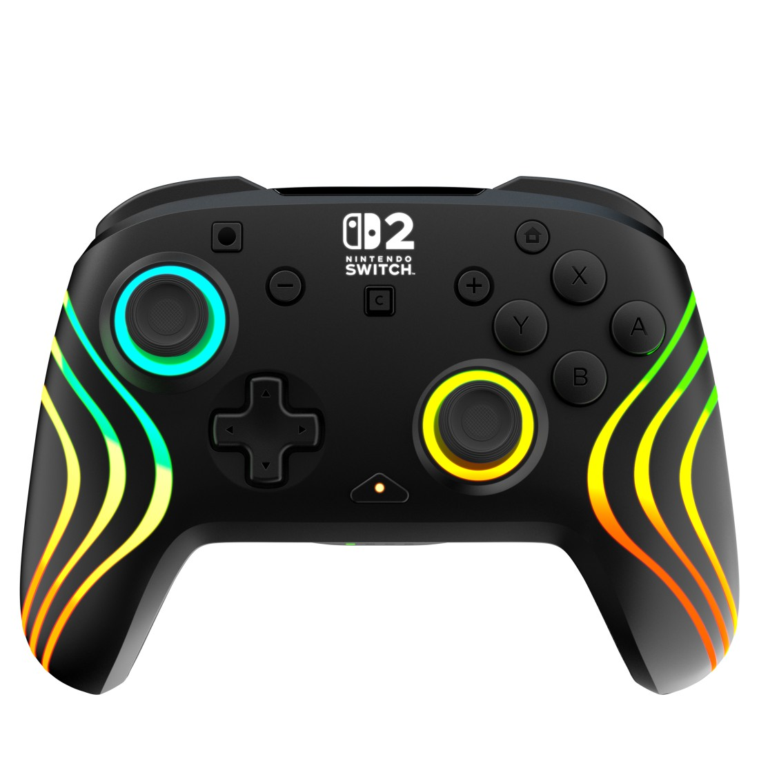 Schwarzer Nintendo Switch Controller mit bunten Lichtstreifen.