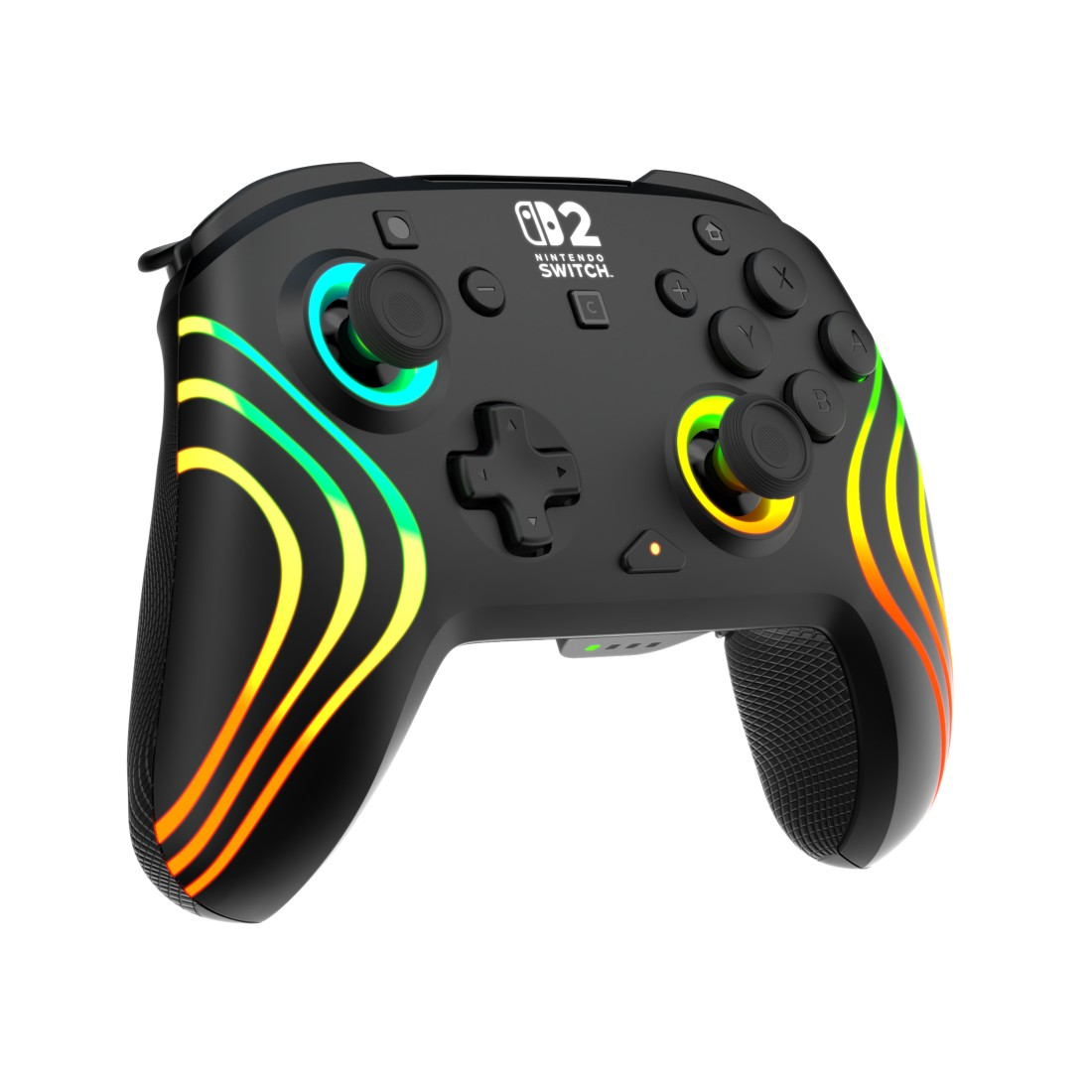 Schwarzer Nintendo Switch Controller mit bunten Lichtstreifen und beleuchteten Joysticks.