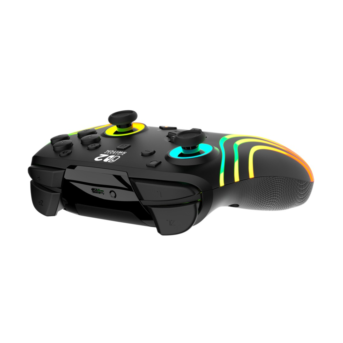 Schwarzer Nintendo Switch Controller mit bunten Regenbogenstreifen und gelben/blauen Joysticks.