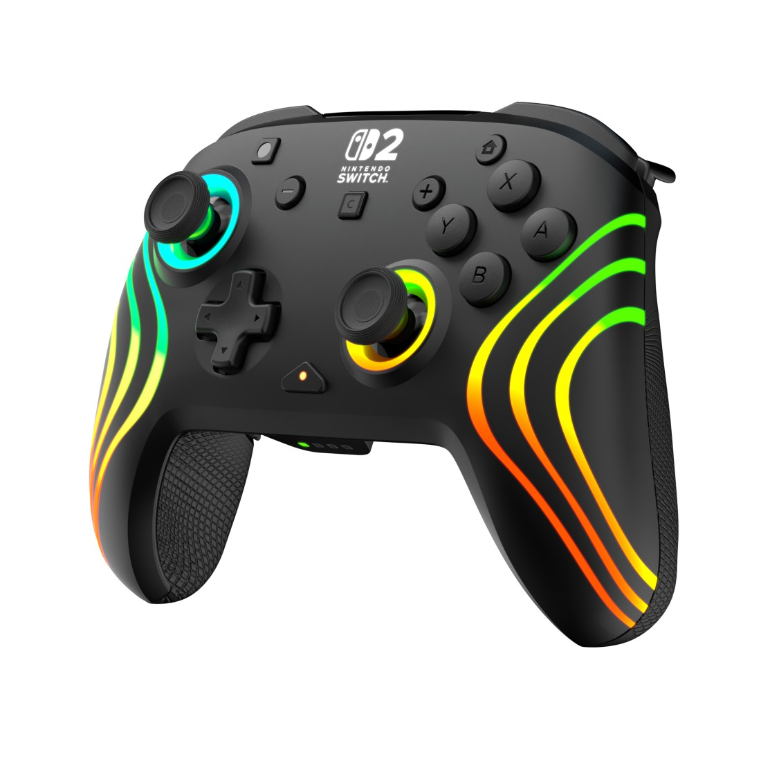 Schwarzer Nintendo Switch Controller mit bunten Lichtern und Tasten.