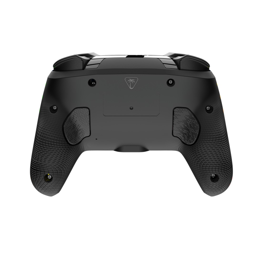 Schwarzer Gaming-Controller von hinten mit Grifftextur und Palmbaum-Logo.
