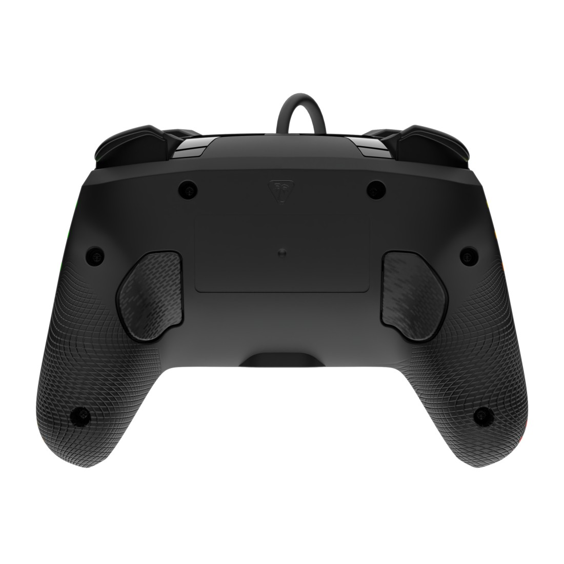 Rückseite eines schwarzen Controllers mit strukturierter Griffzone und Kabel.