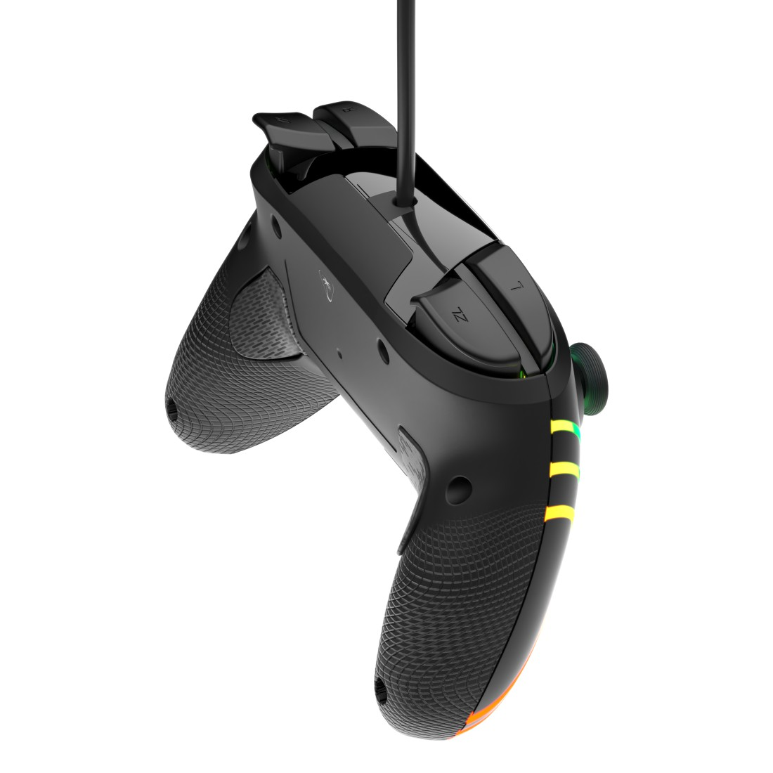 Schwarzer Controller mit Grifftextur, Leuchtstreifen und Kabel.