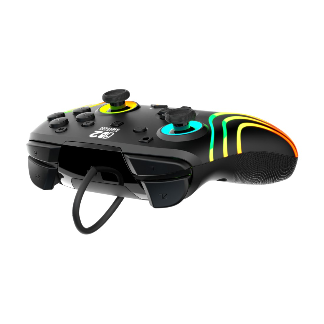 Schwarzer Controller mit bunten Lichtbögen auf der rechten Seite.