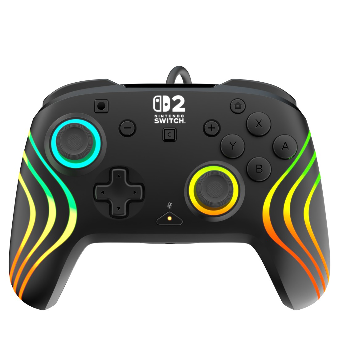 Schwarzer Nintendo Switch Controller mit bunten Lichtstreifen und beleuchteten Joysticks.