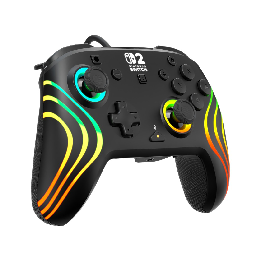 Schwarzer Nintendo Switch Controller mit bunten Lichtstreifen und beleuchteten Joysticks.