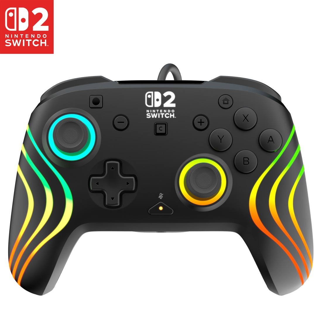 Schwarzer Nintendo Switch Controller mit bunten Lichtakzenten und Logo.