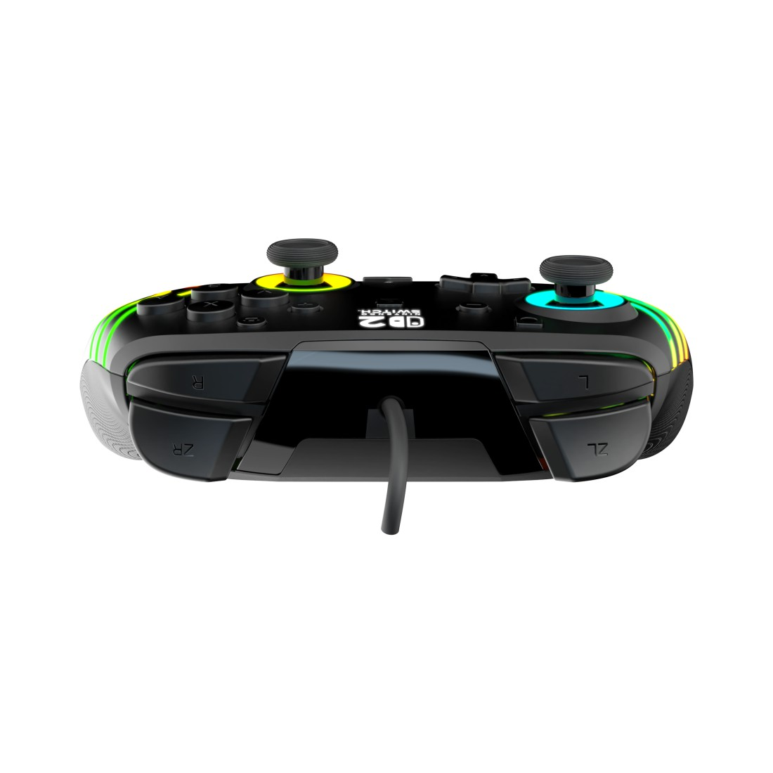 Schwarzer Controller mit leuchtenden Akzenten und Joysticks.
