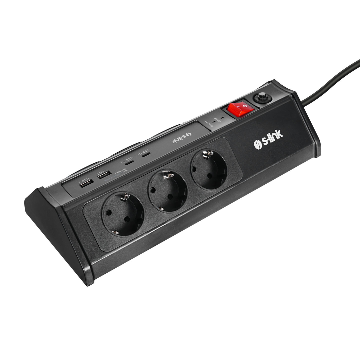 3 prizli ve 4 USB bağlantı noktalı siyah güç şeridi. Kırmızı anahtar.