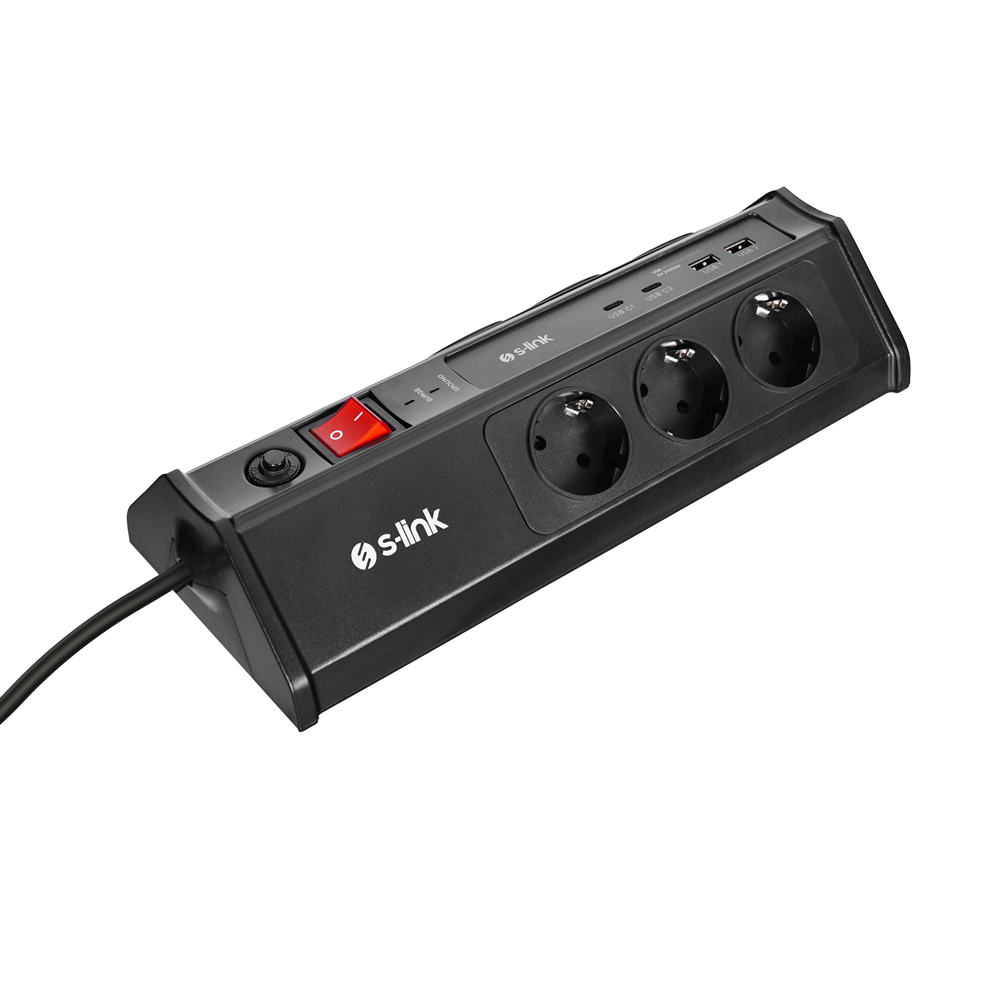 Anahtarlı, üç prizli ve USB bağlantı noktalı siyah uzatma kablosu.