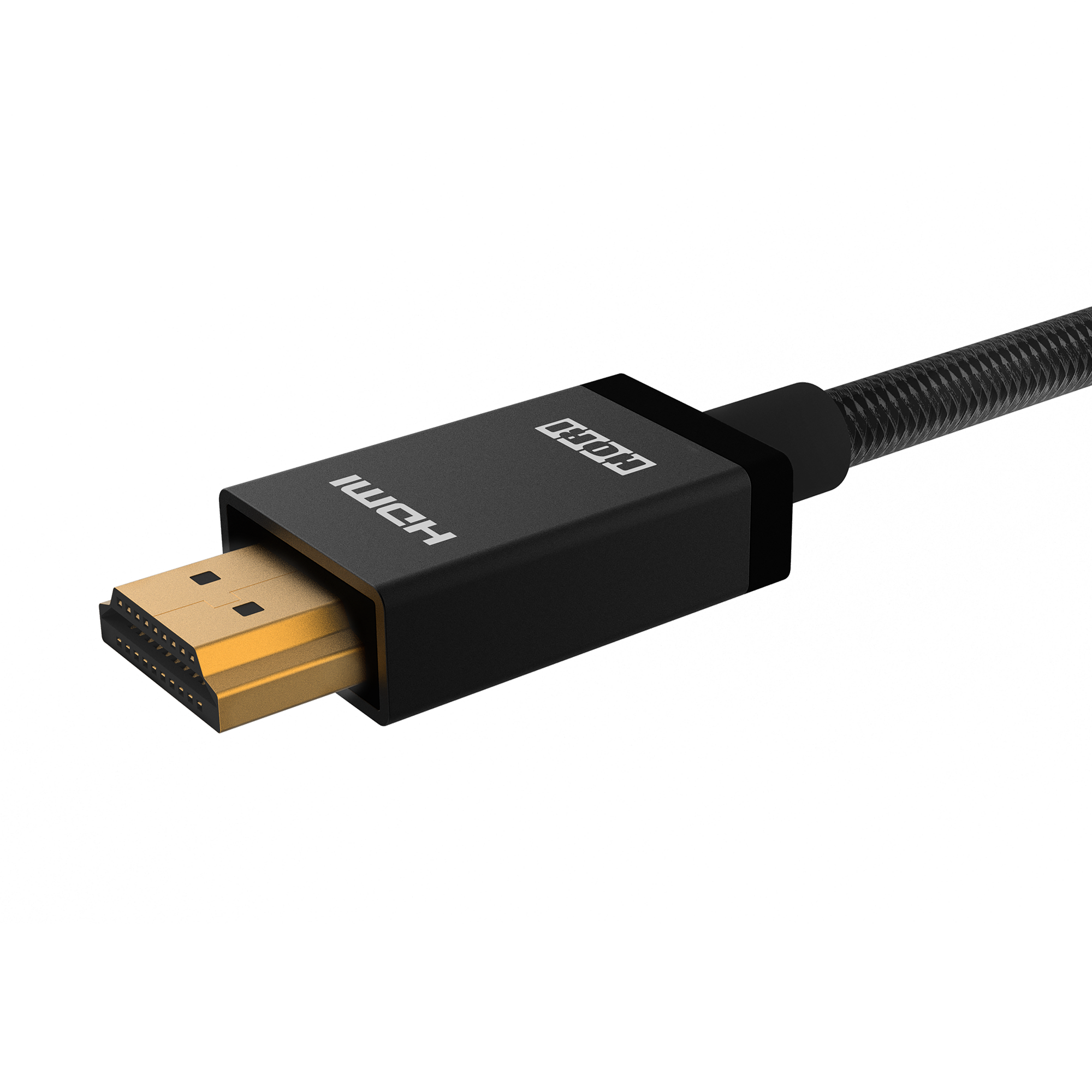 Altın pinli ve örgülü kablolu siyah HDMI konektörü.