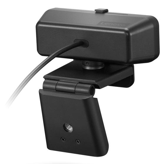 Schwarze Lenovo Webcam mit Kabel und verstellbarem Clip.