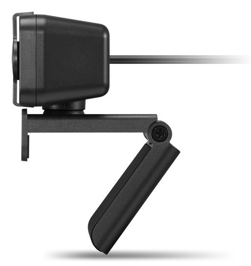 Schwarze Webcam mit verstellbarem Arm auf weißem Hintergrund.