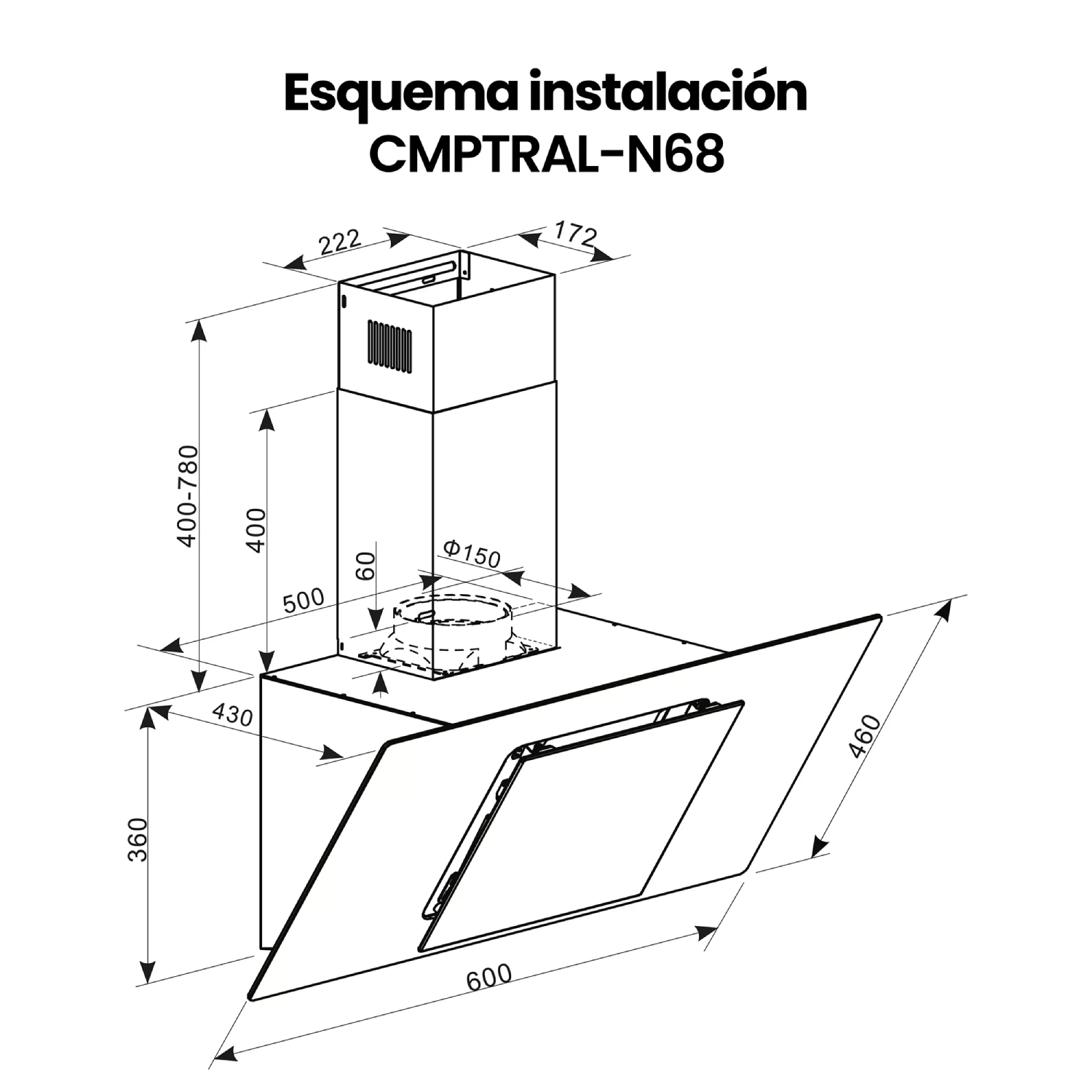Dibujo técnico de campana extractora, modelo CMPTRAL-N68, con medidas.
