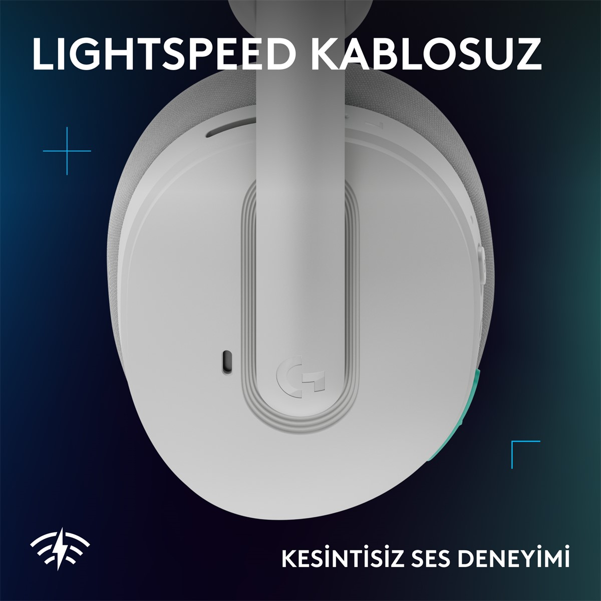 Logitech G logosu ve turkuaz vurgulara sahip beyaz kablosuz kulaklık.