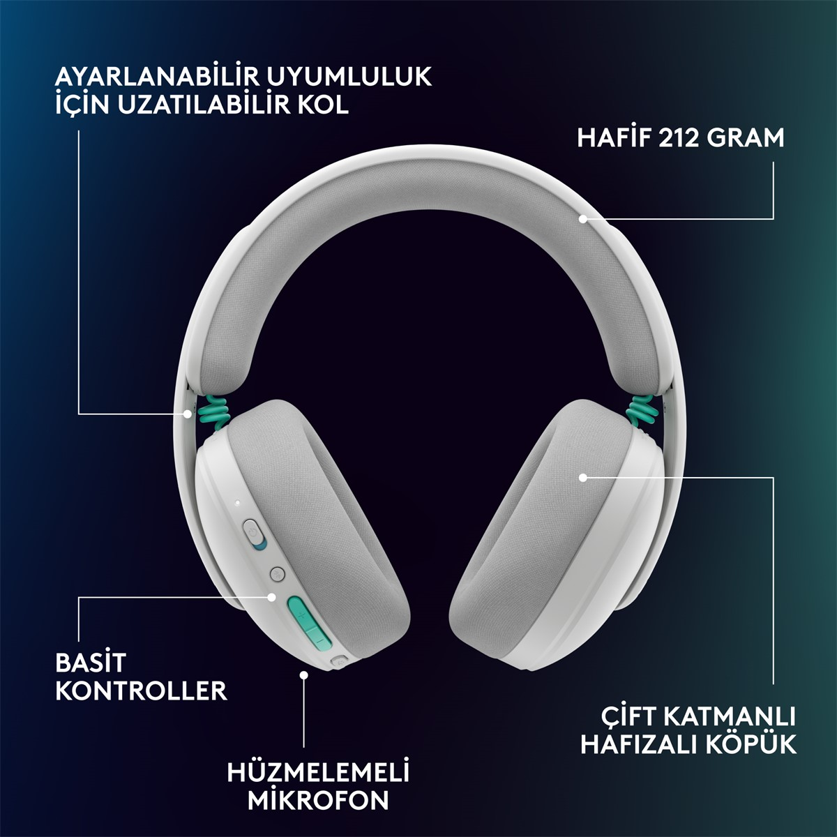Gri dolgulu, ayarlanabilir mikrofonlu beyaz kulaklık.