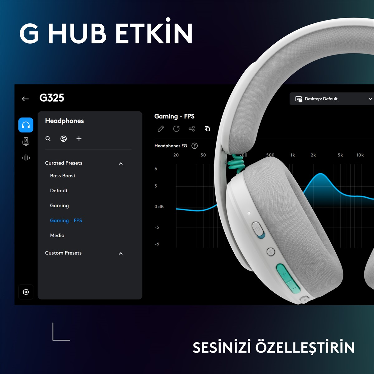 G Hub, Gaming-FPS için kulaklık EQ ayarlarını grafik ile gösterir.