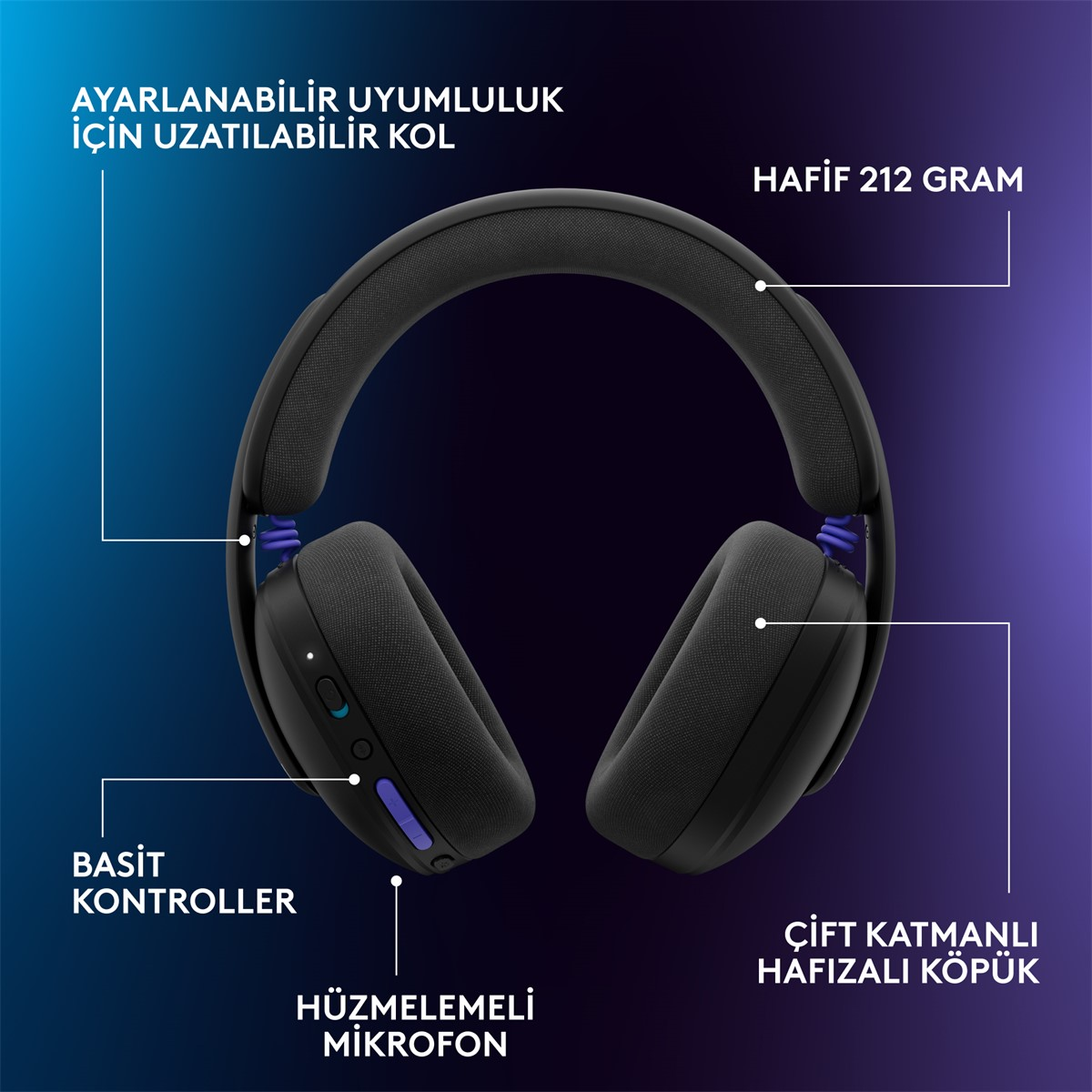 Ayarlanabilir kafa bandı, mikrofon ve basit kontrollere sahip siyah kulaklık.