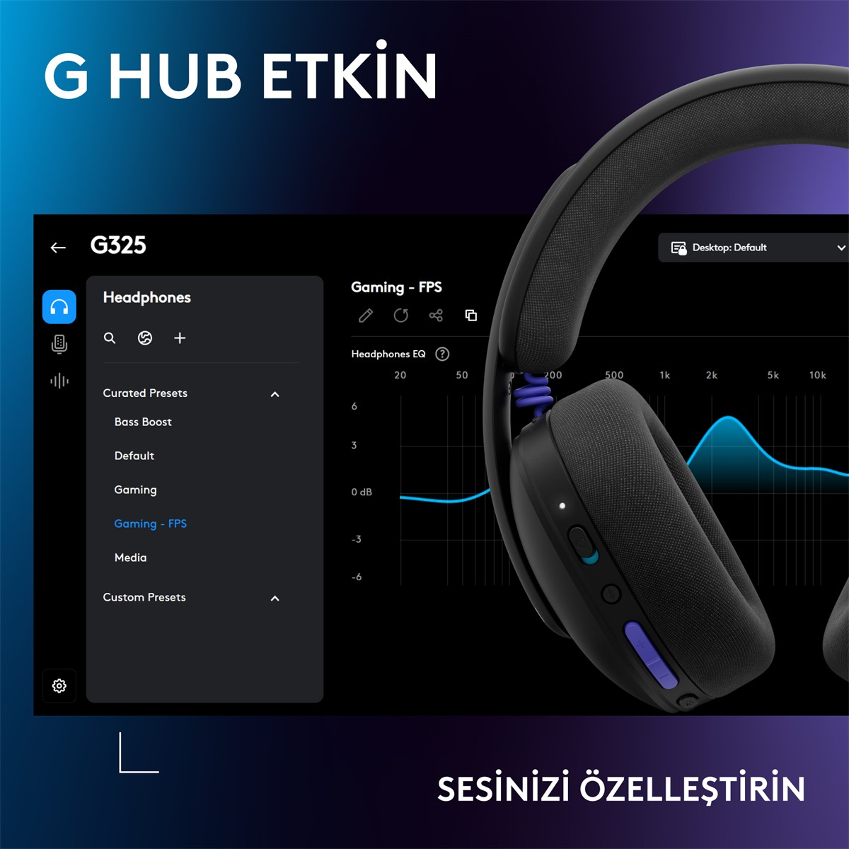 Logitech G HUB yazılımı, Gaming-FPS için kulaklık EQ ayarlarını gösteriyor.