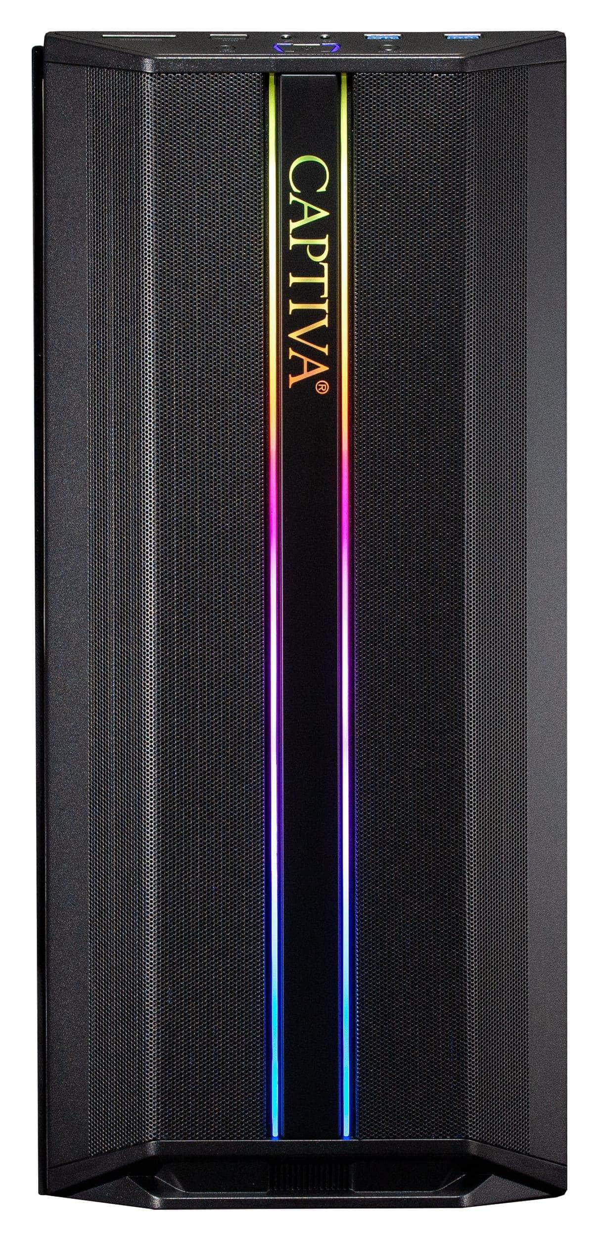 Schwarzes Computergehäuse mit vertikalen RGB-LED-Streifen und dem CAPTIVA-Logo.