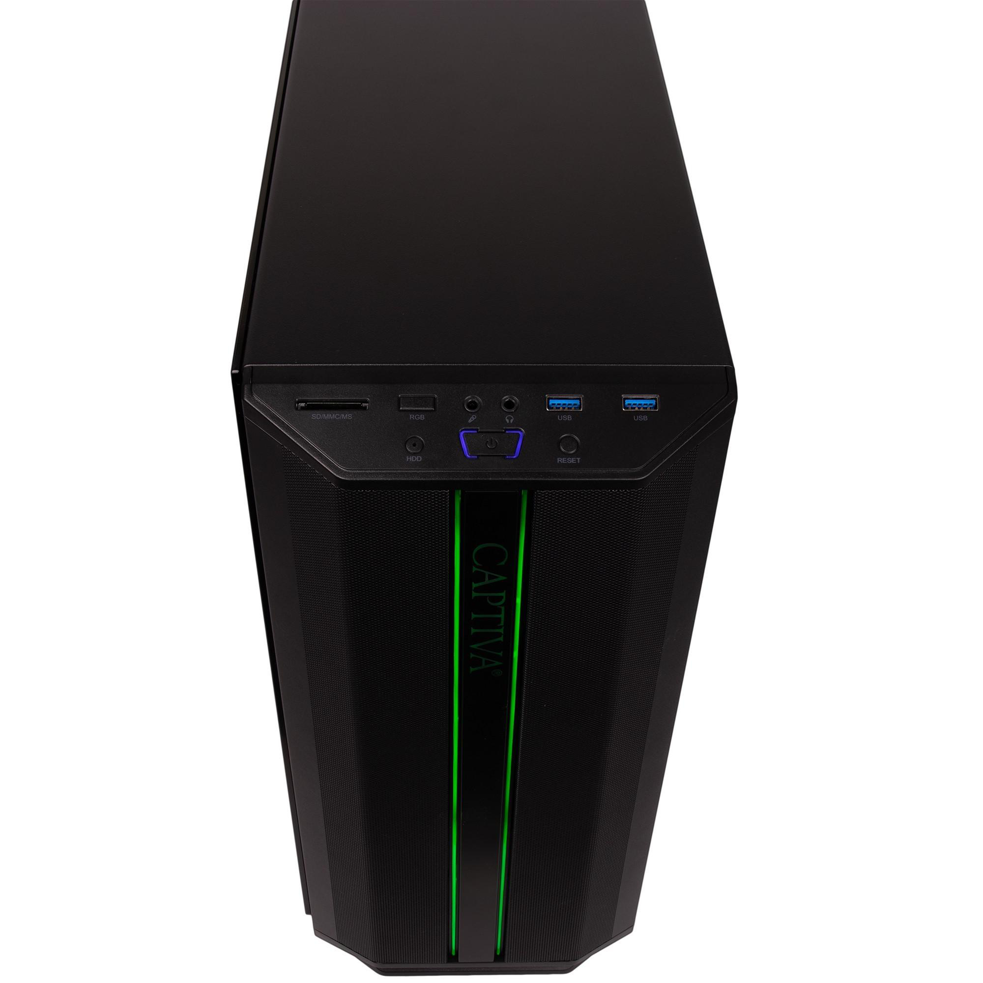 Schwarzes PC-Gehäuse mit grünen Akzenten und Anschlüssen vorne.