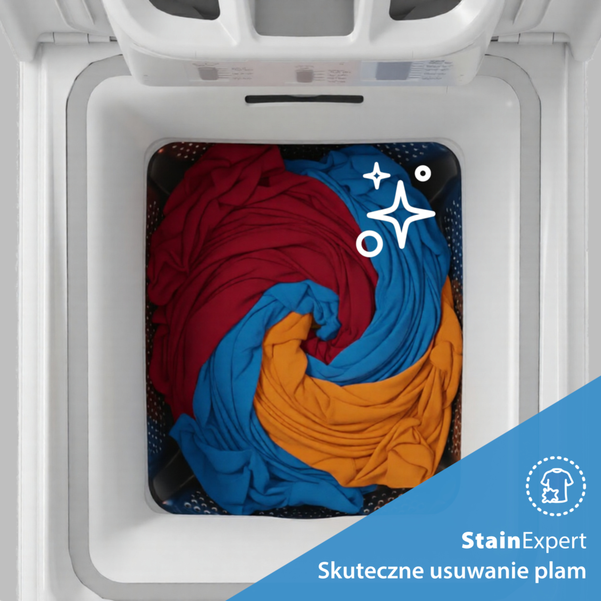 Kolorowe pranie w obracającej się pralce z ikoną czystości.