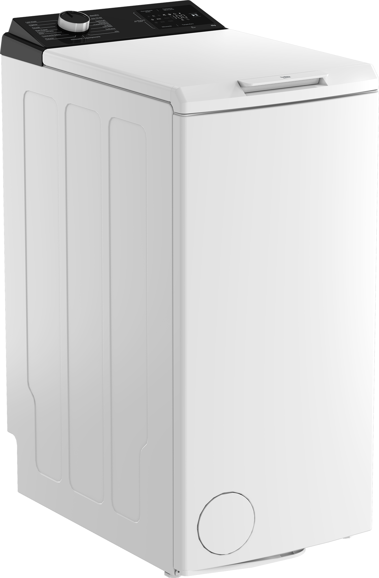 Biała pralka z cyfrowym panelem sterowania i srebrnym pokrętłem.
