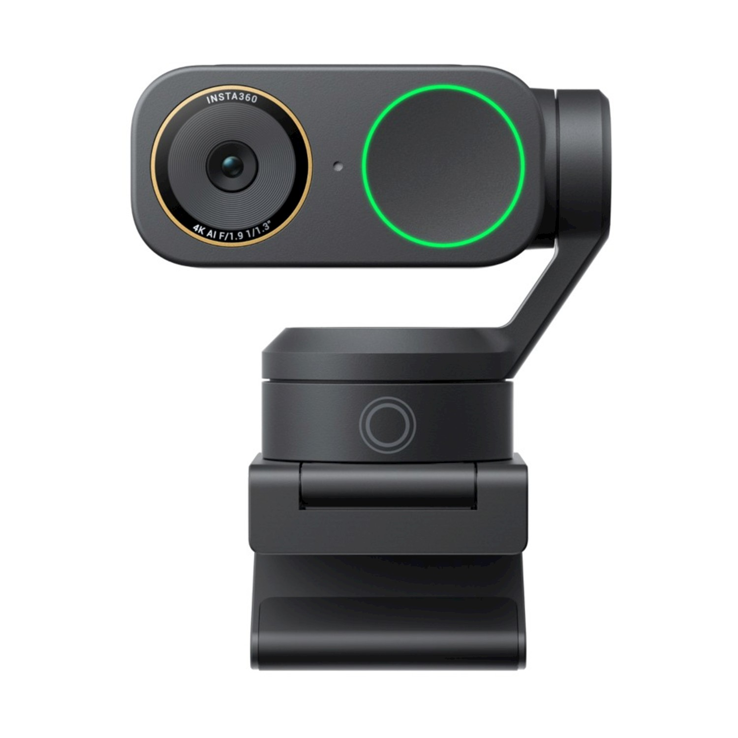 Fotocamera Insta360 grigia con supporto gimbal e anello verde.