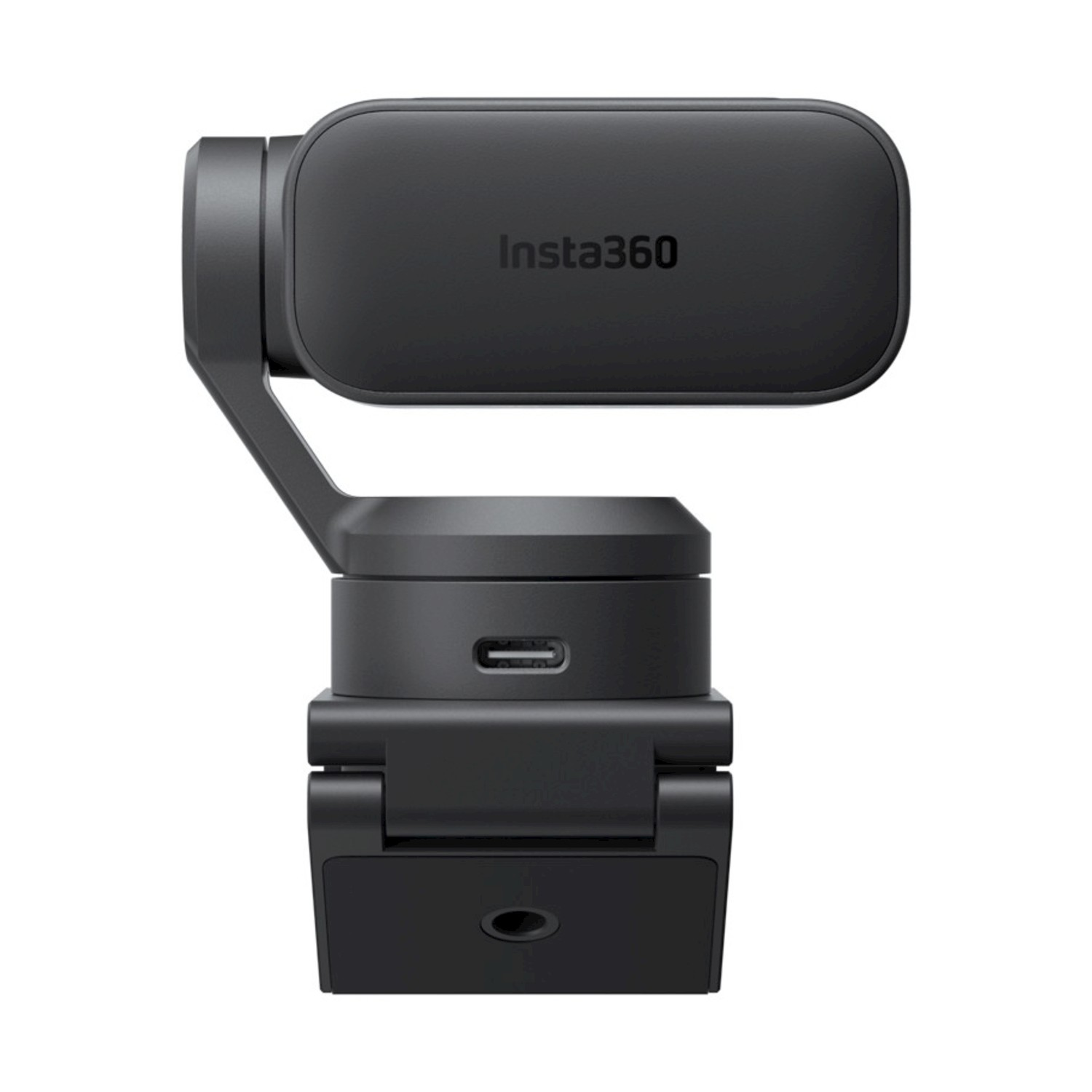 Gimbal Insta360 nero con porta USB-C, su sfondo bianco.