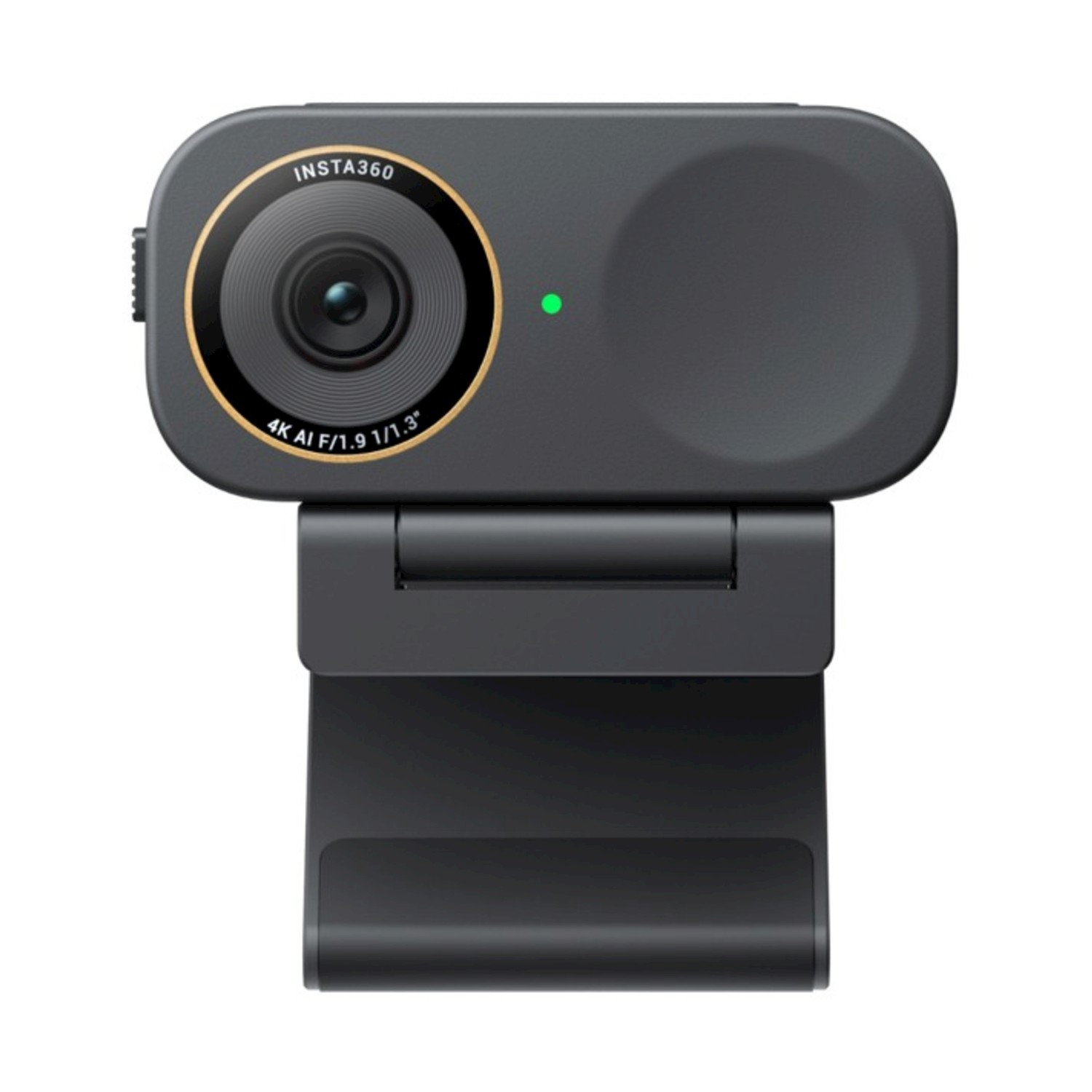 Una webcam Insta360 nera con bordo dorato, lente e luce verde.