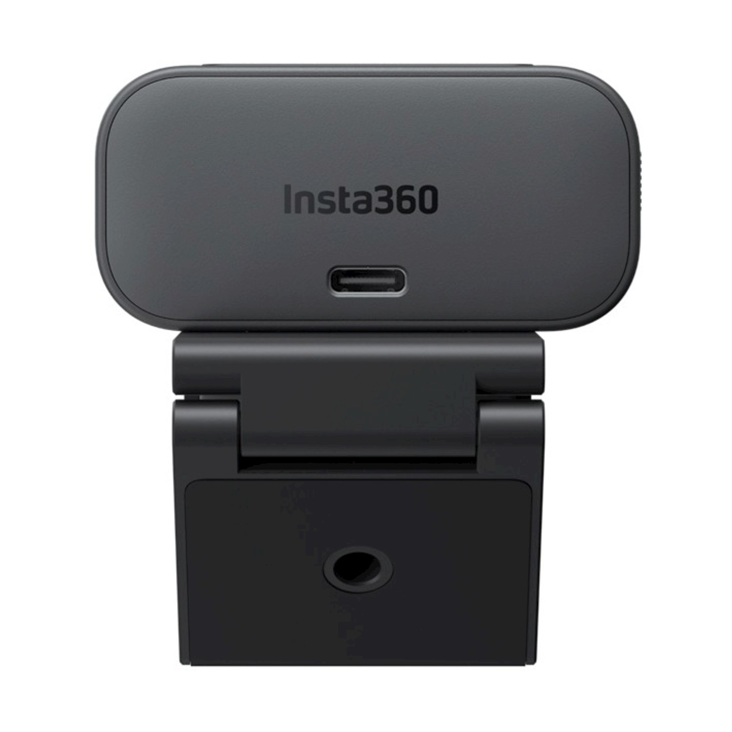 Compatta fotocamera Insta360 nera con porta USB-C e cerniera.
