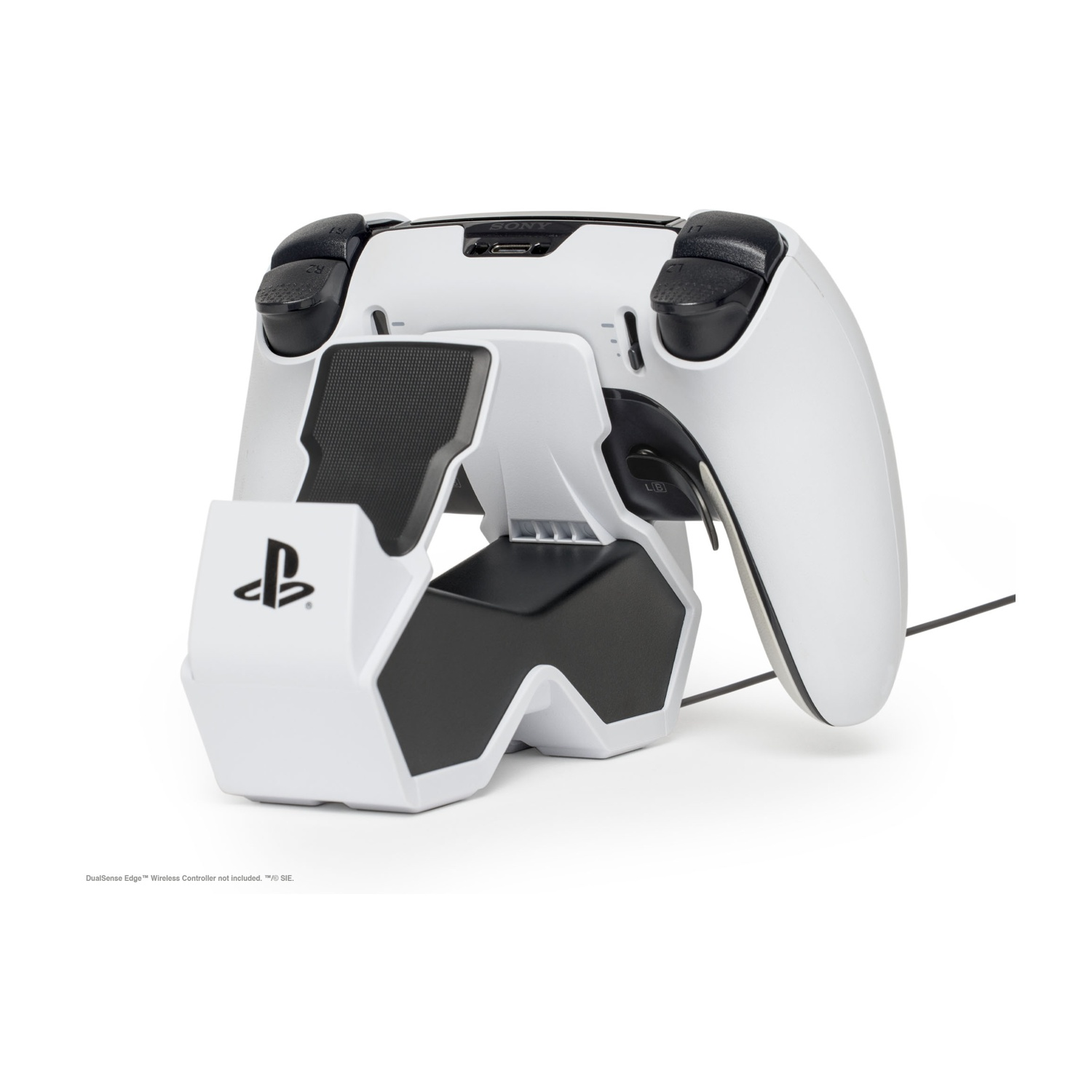 Una stazione di ricarica bianca per un controller con logo PlayStation nero.