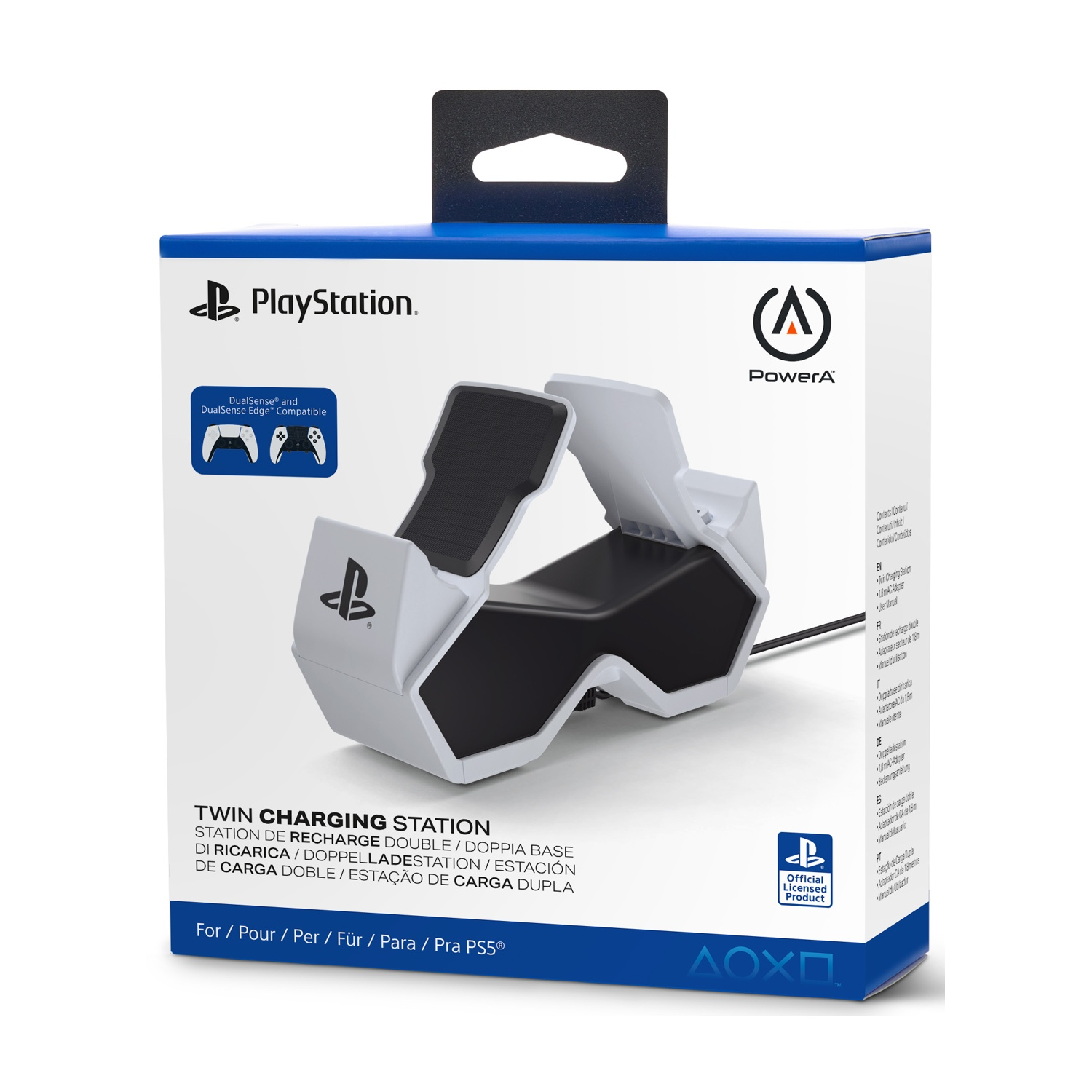 Scatola stazione di ricarica doppia PlayStation con base di ricarica bianca.