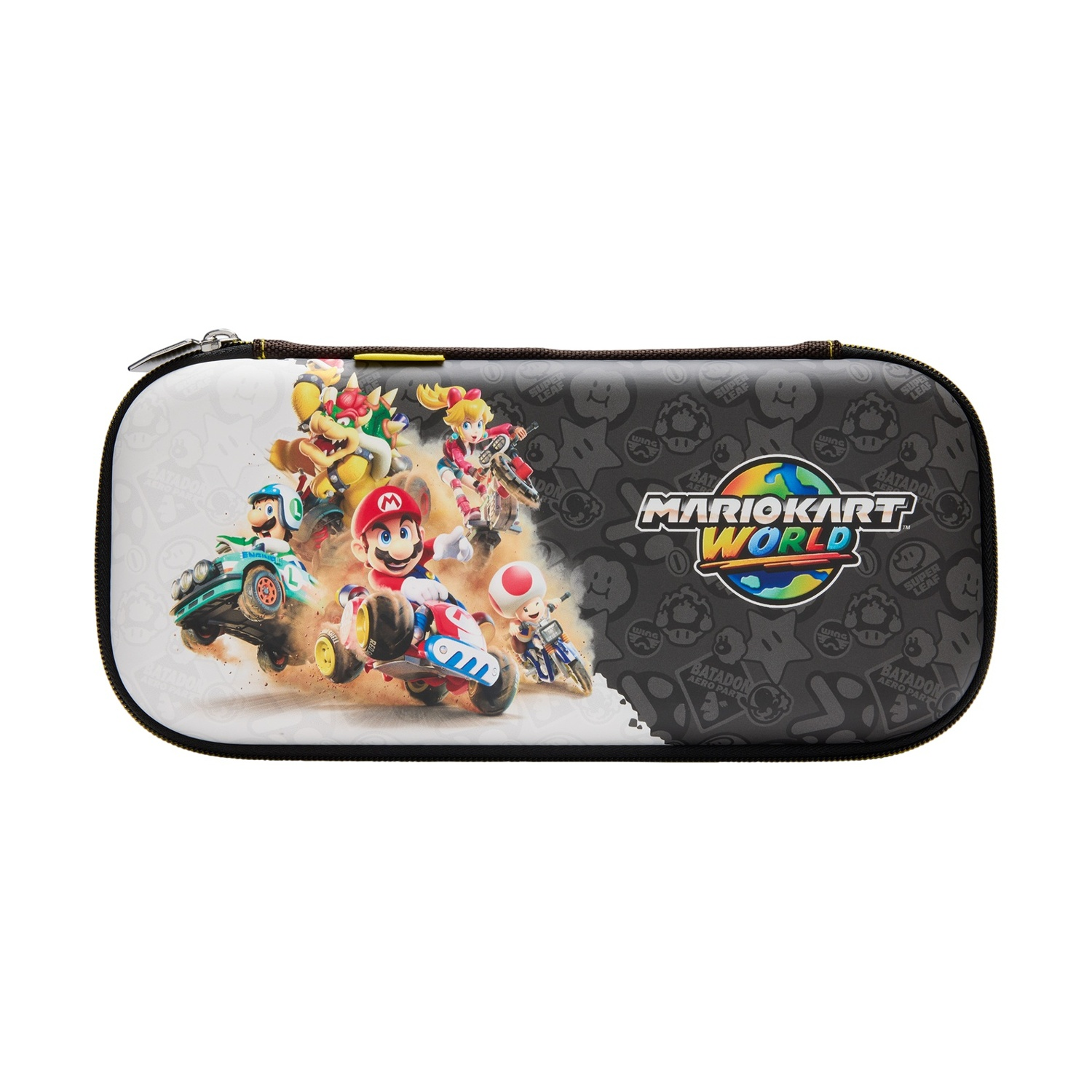 Custodia Mario Kart World con Mario, Bowser, Peach, Toad e Luigi in gara.