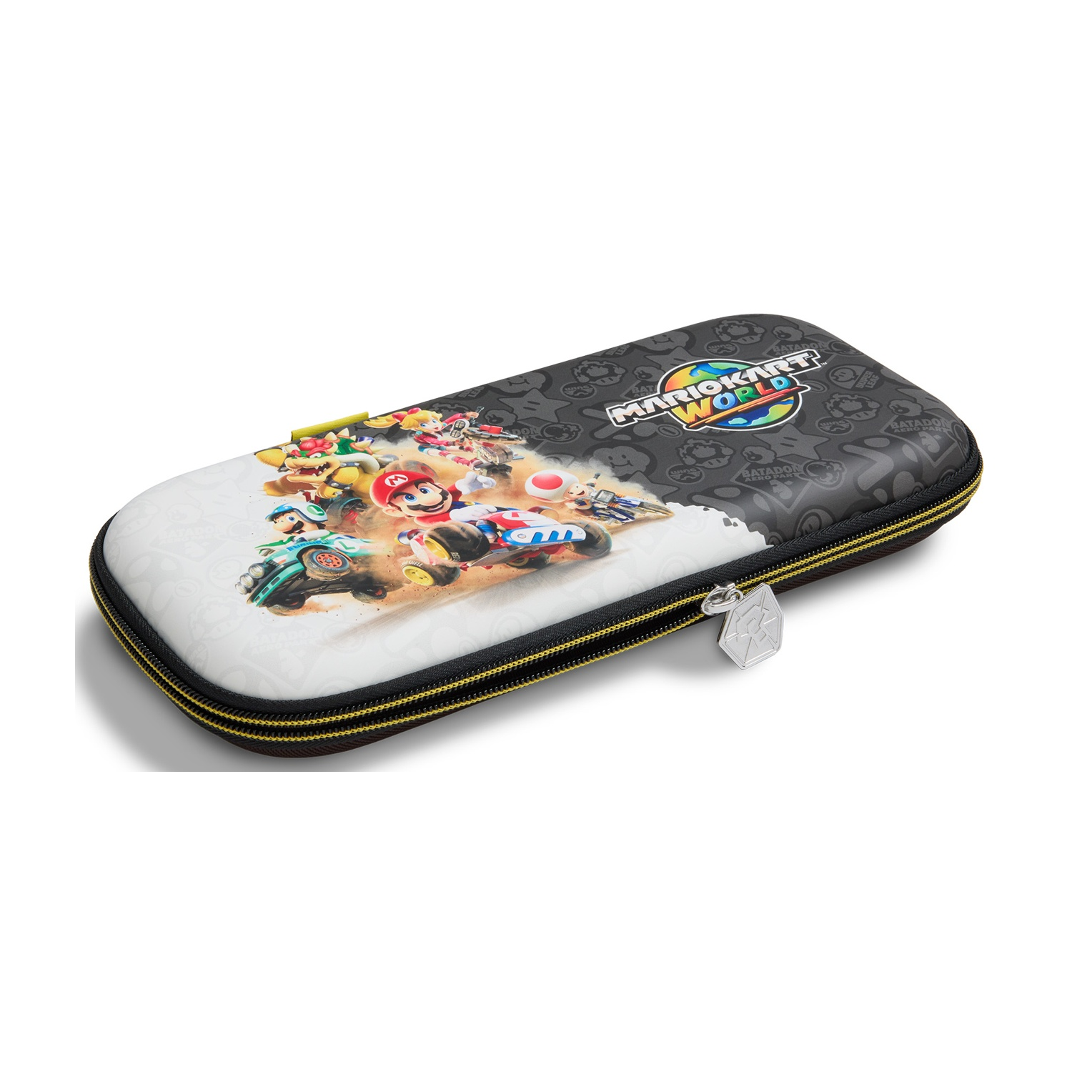 Custodia Mario Kart World con personaggi. Zip gialla, sfondo bianco e nero.