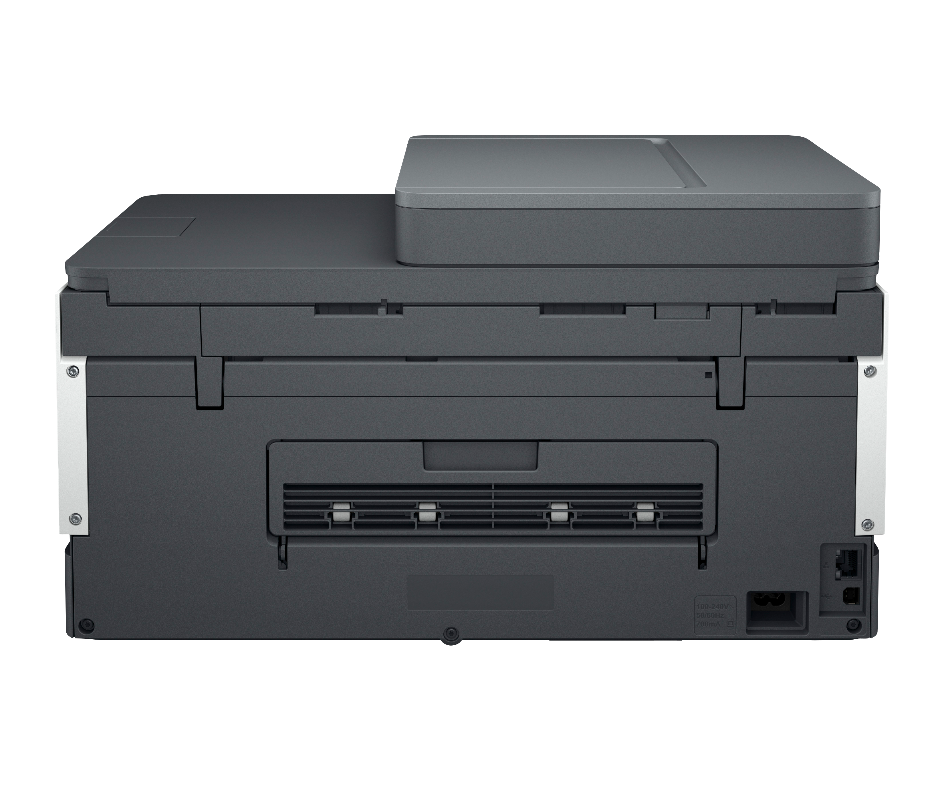 Widok z tyłu czarnej drukarki wielofunkcyjnej z portami.