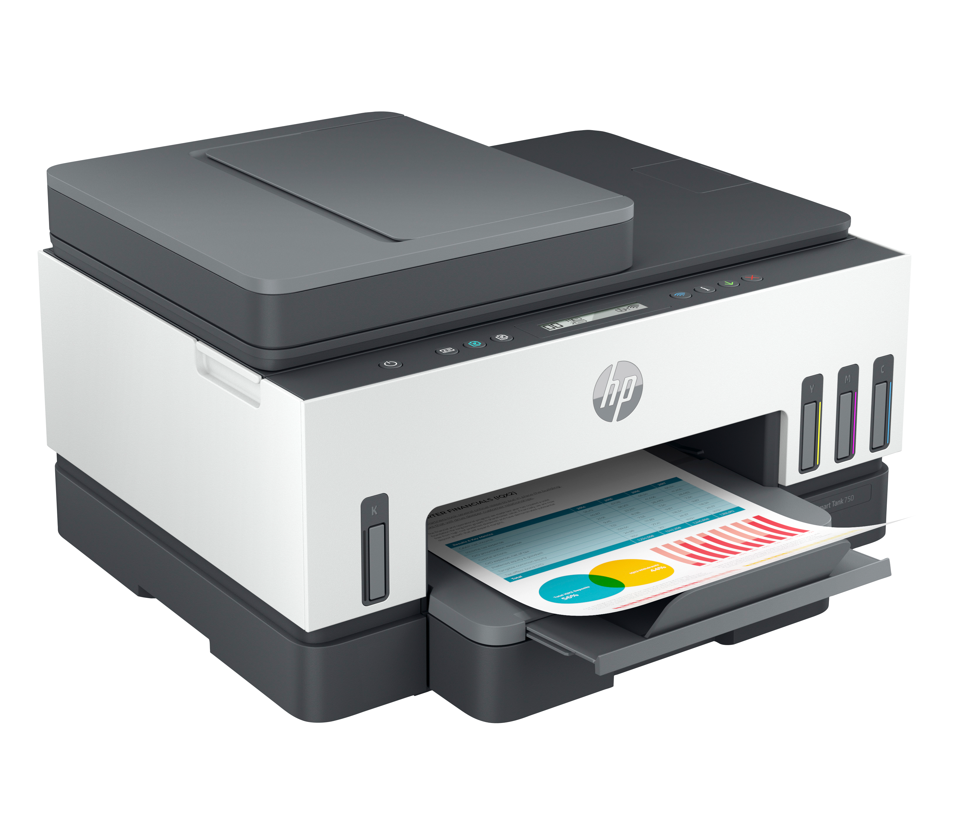 Biało-szara drukarka HP drukuje stronę z wykresami i tabelami.