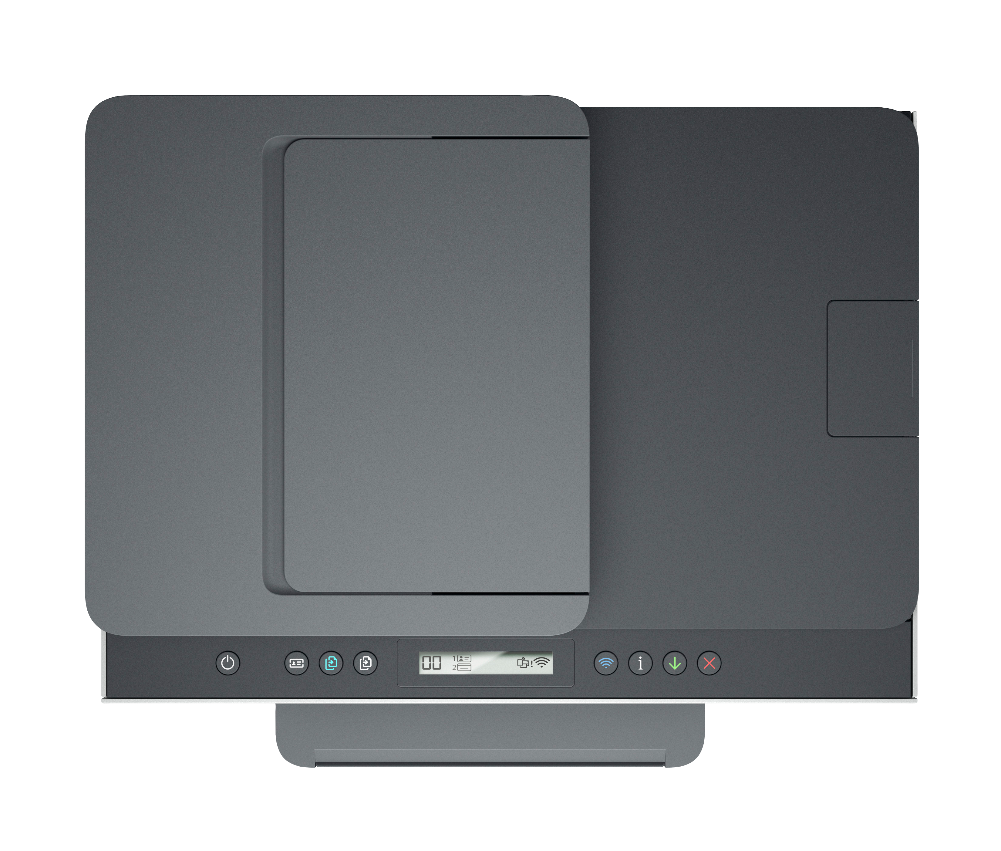 Szara drukarka z pokrywą skanera, przyciskami i ekranem.