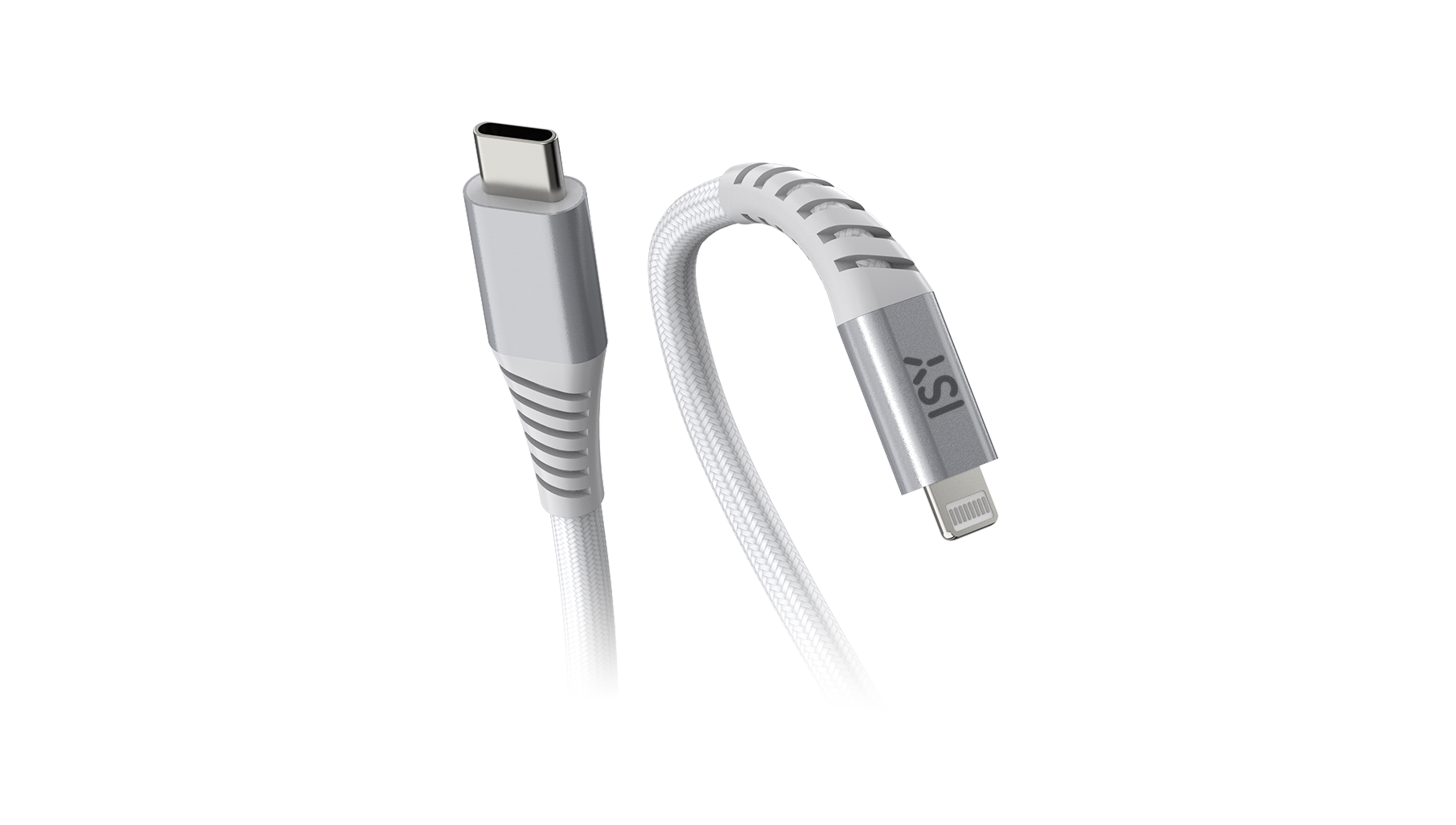 Biały kabel USB-C do Lightning ze srebrnymi złączami.