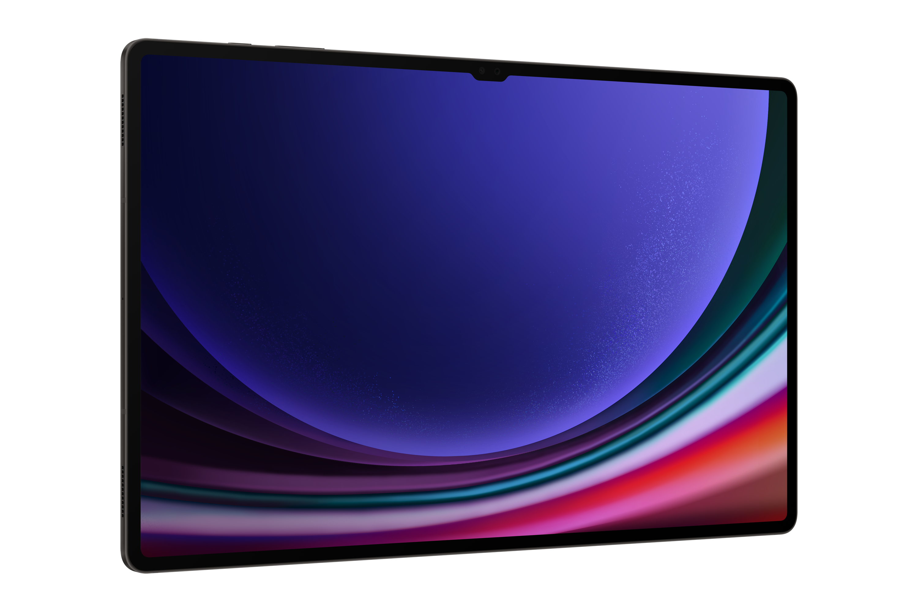 Szary tablet wyświetlający fioletowy i kolorowy ekran tła.