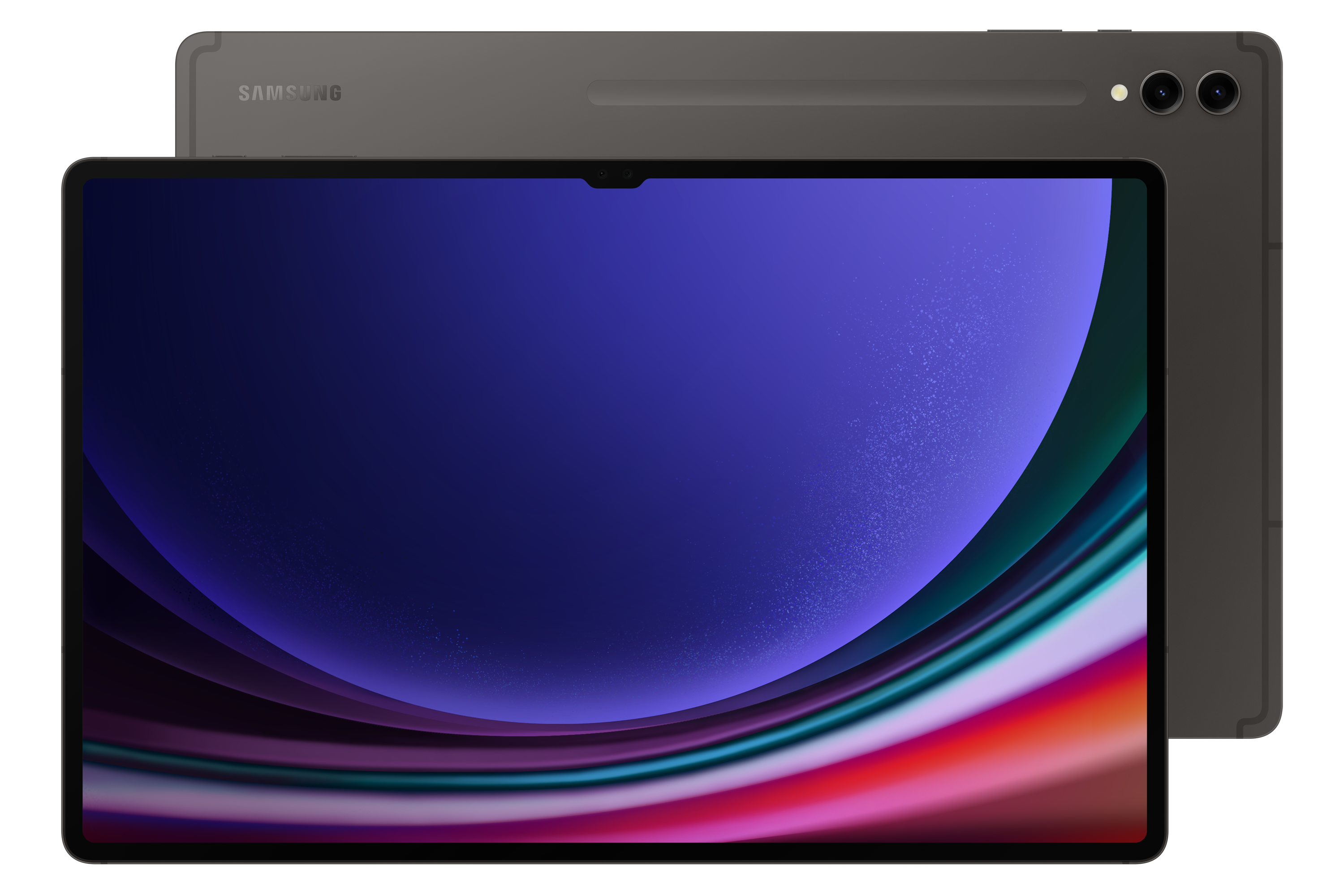 Szary tablet Samsung z aparatem i kolorowym tłem.