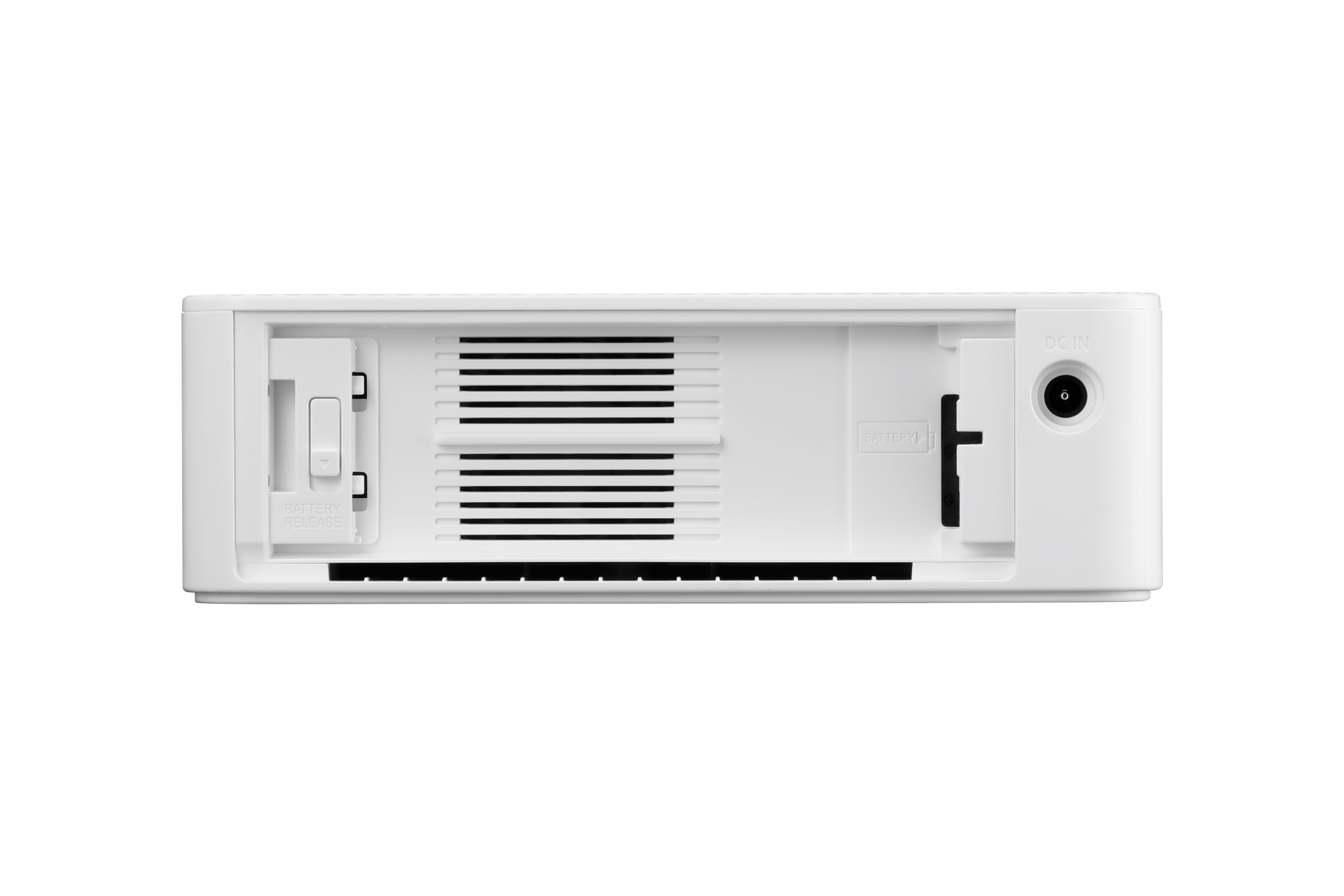 Białe urządzenie z otworami wentylacyjnymi, zwalniaczem baterii i portem DC IN.