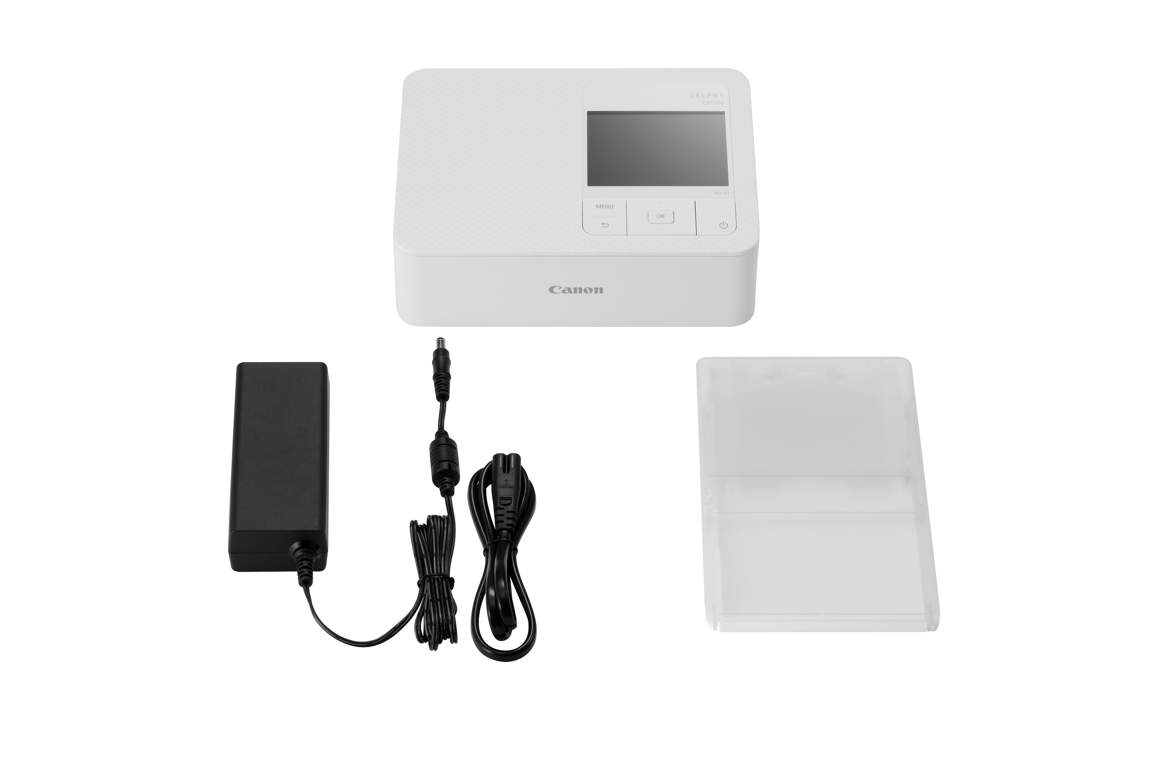 Biała drukarka Canon Selphy CP1500 z zasilaczem i kablami.