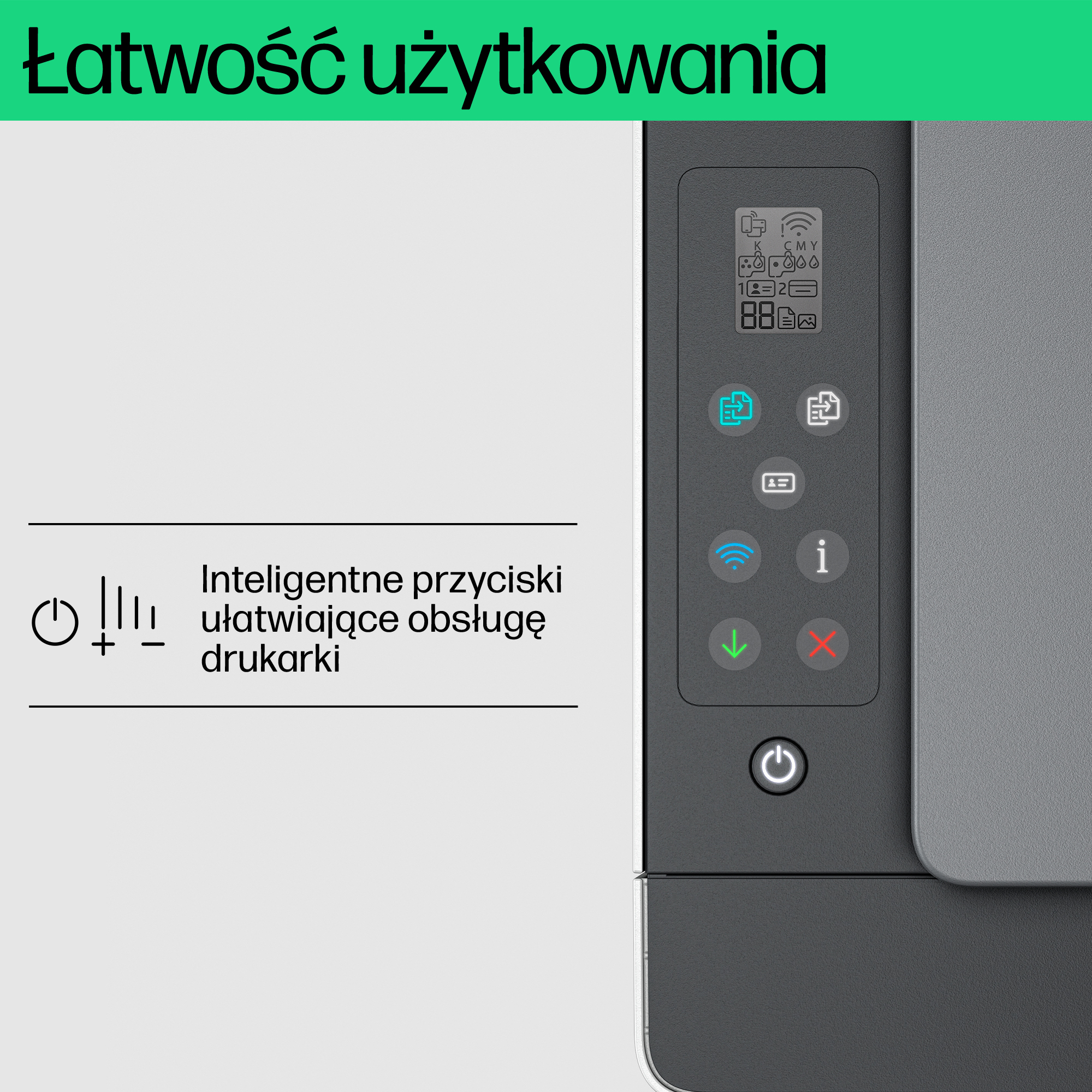 Zbliżenie panelu sterowania drukarki z ikonami Wi-Fi, informacji i menu.