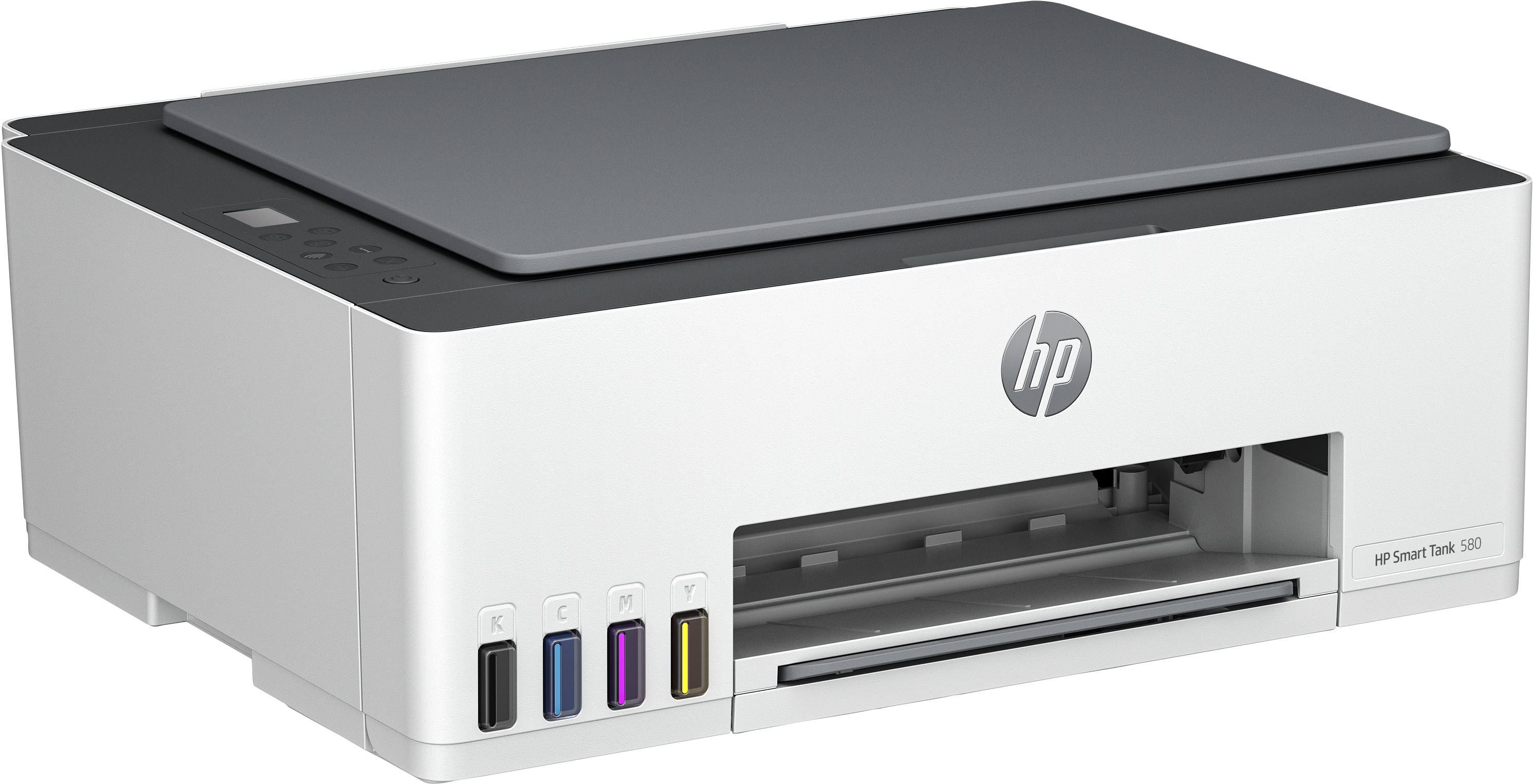 Biała drukarka HP Smart Tank 580 z czarną pokrywą i kolorowymi zbiornikami na tusz.