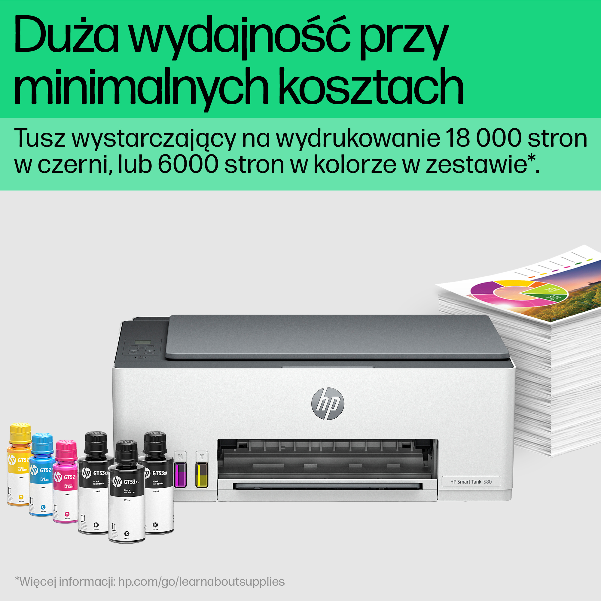 Drukarka HP Smart Tank 580 z butelkami tuszu i stosem papieru.