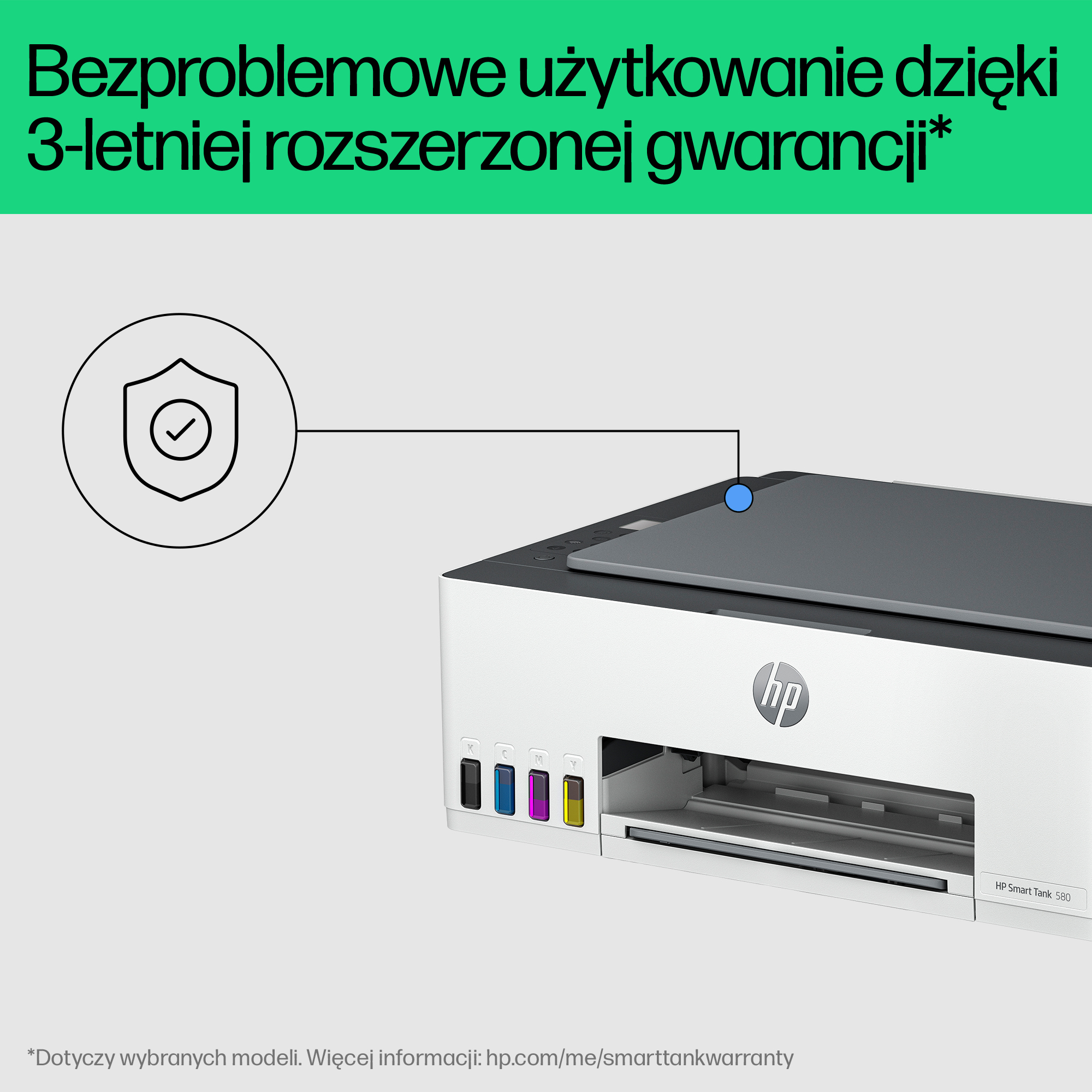 Biała drukarka HP Smart Tank 580 ze zbiornikami na tusz i ikoną tarczy.