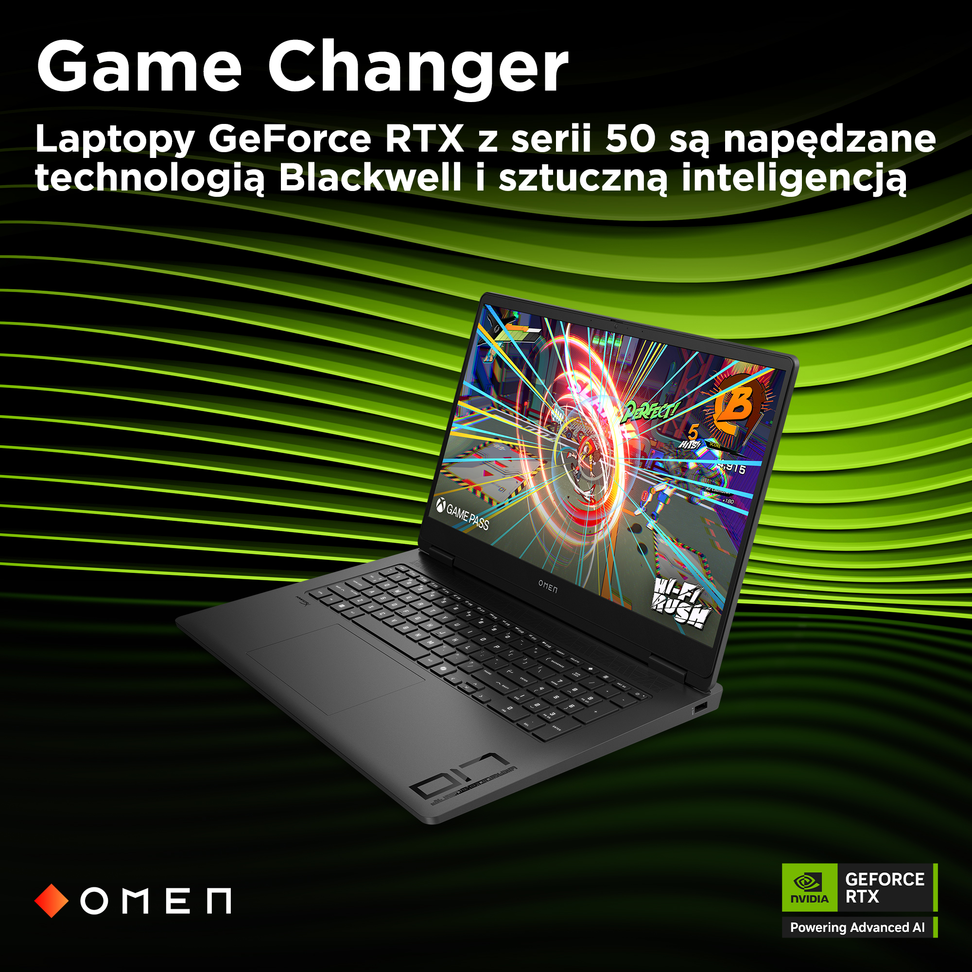 Czarny laptop z żywym ekranem wyświetlającym grę wideo. Zielone linie w tle.